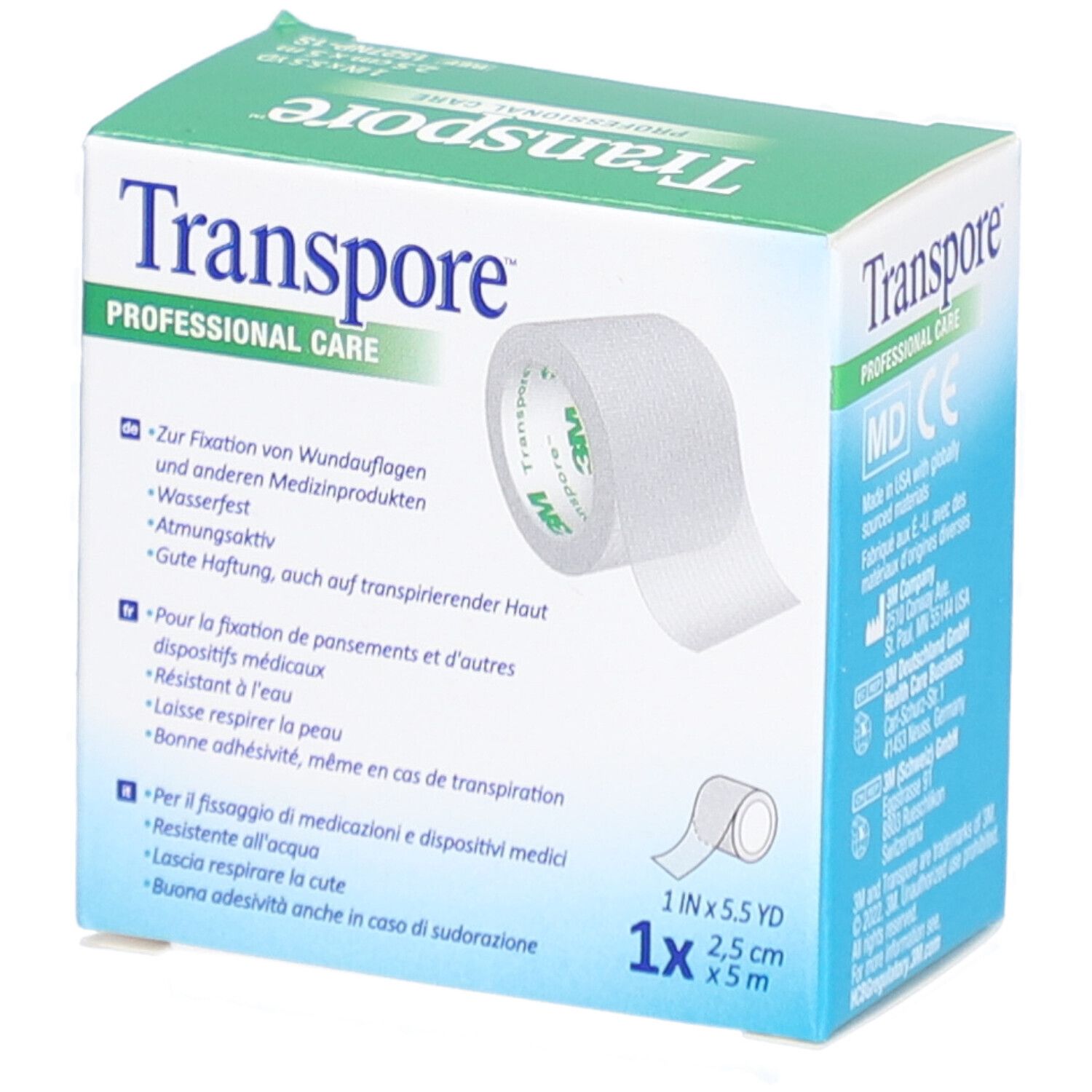 Schachtel mit Heftpflasterrolle. Aufschrift: Transpore, 3M, Professional Care. 2,5 cm x 5 m.