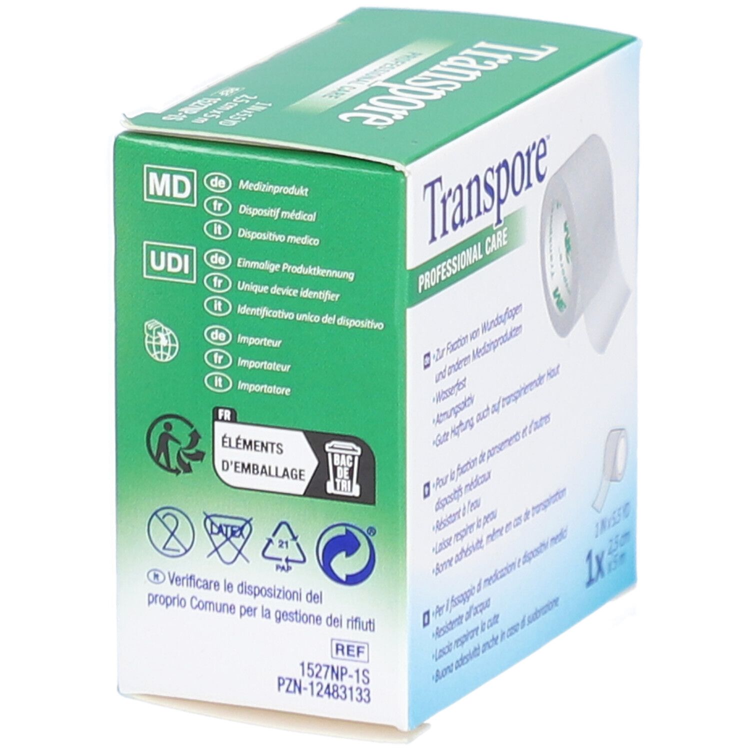 Schachtel mit Heftpflaster. Aufschrift: Transpore, Professional Care. Mit MD-Kennzeichnung und Recycling-Symbolen.