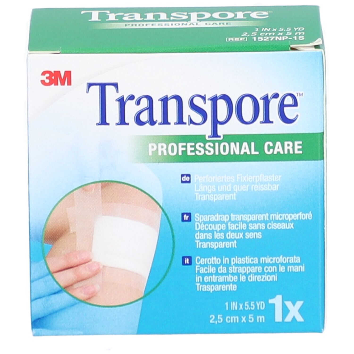 Schachtel mit Heftpflaster. Aufschrift: Transpore, 3M, Professional Care. 2,5 cm x 5 m. Produktbeispiel.