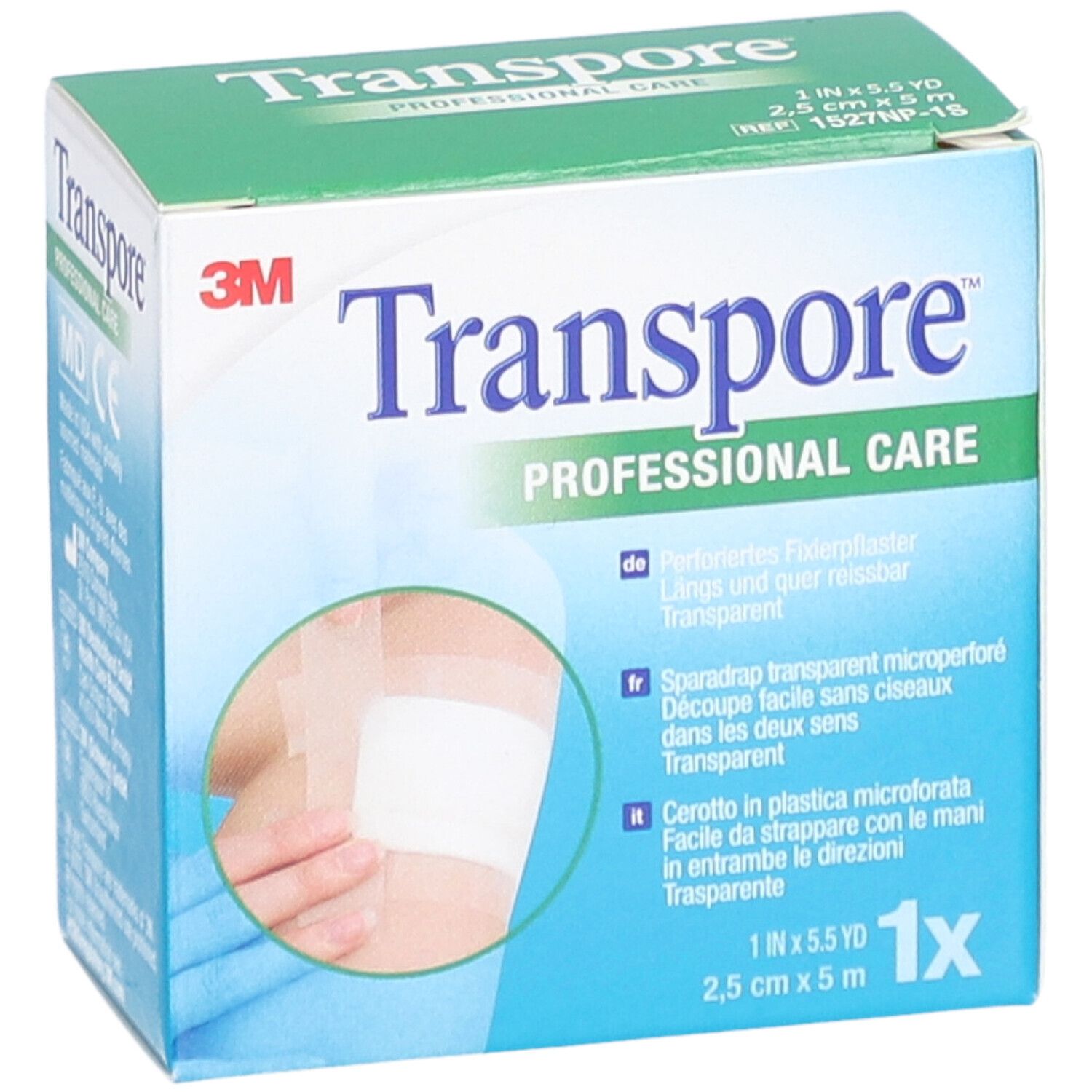 Schachtel mit Heftpflaster. Aufschrift: Transpore, 3M, Professional Care. 2,5 cm x 5 m. Produktbeispiel.