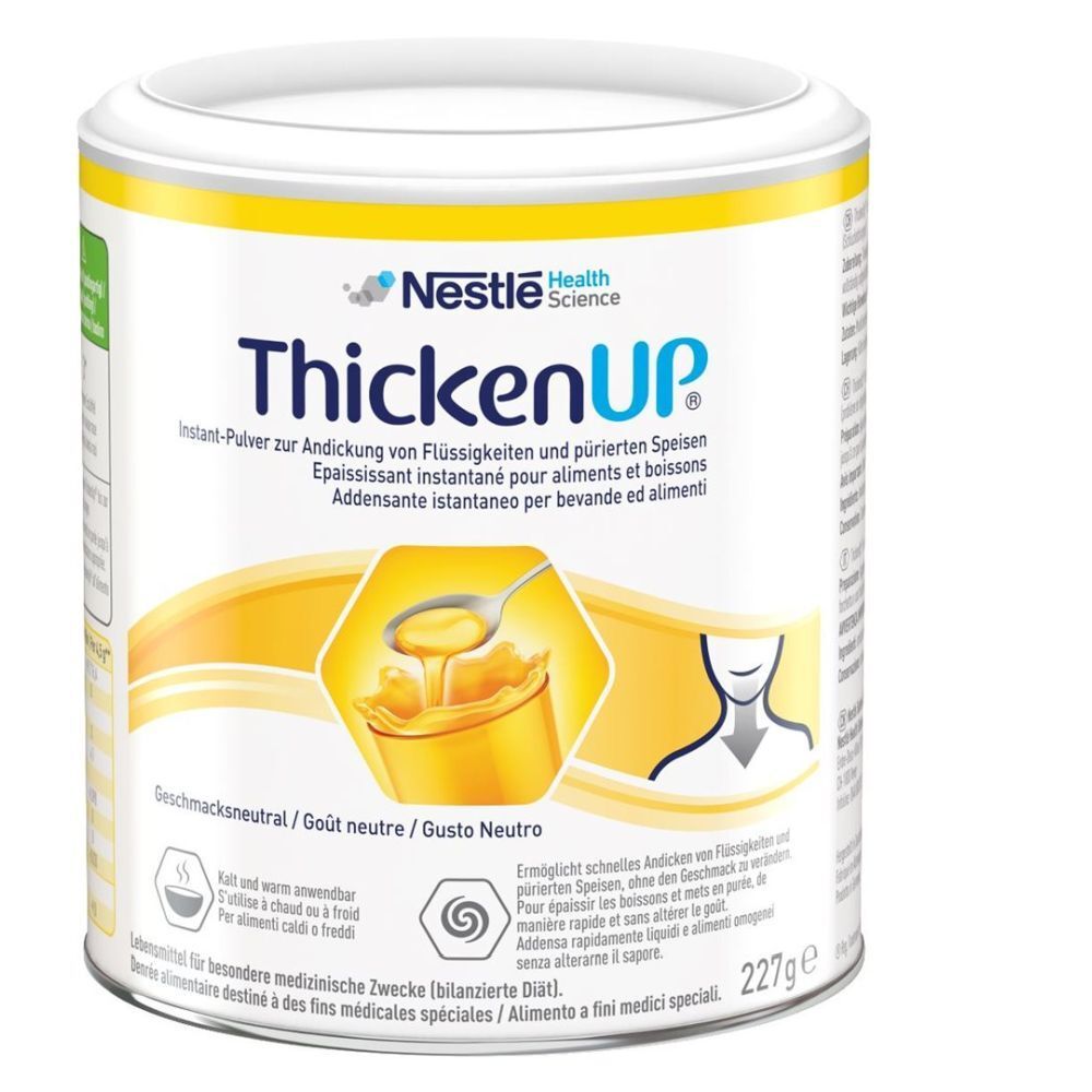 Dose ThickenUP® mit gelbem Etikett. Text: Nestle Health Science, Instant-Pulver, 227g. Abbildung: Löffel in verdickter Flüssigkeit.