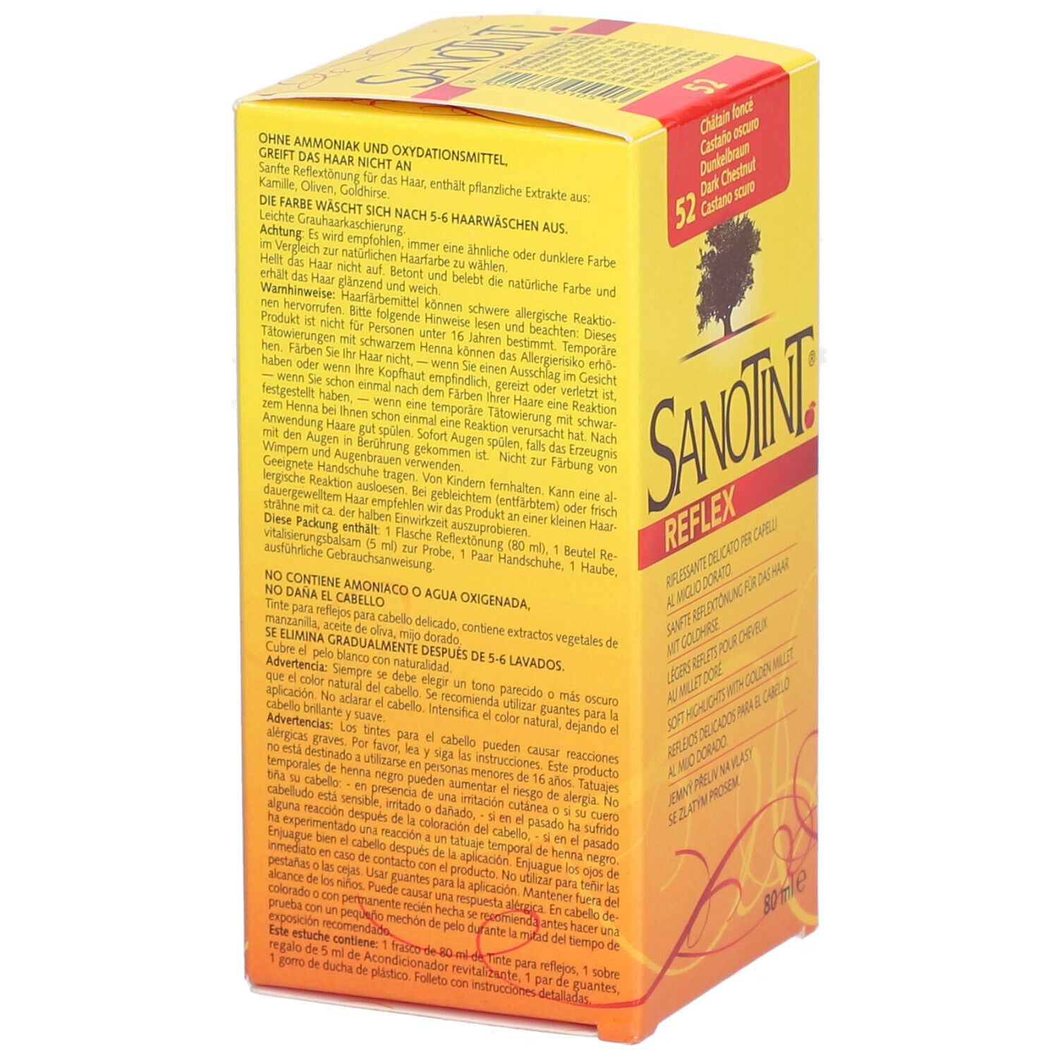 Gelbe Schachtel mit Text. Enthält Informationen zum Produkt. Aufschrift: 52 dunkelbraun. 80 ml.