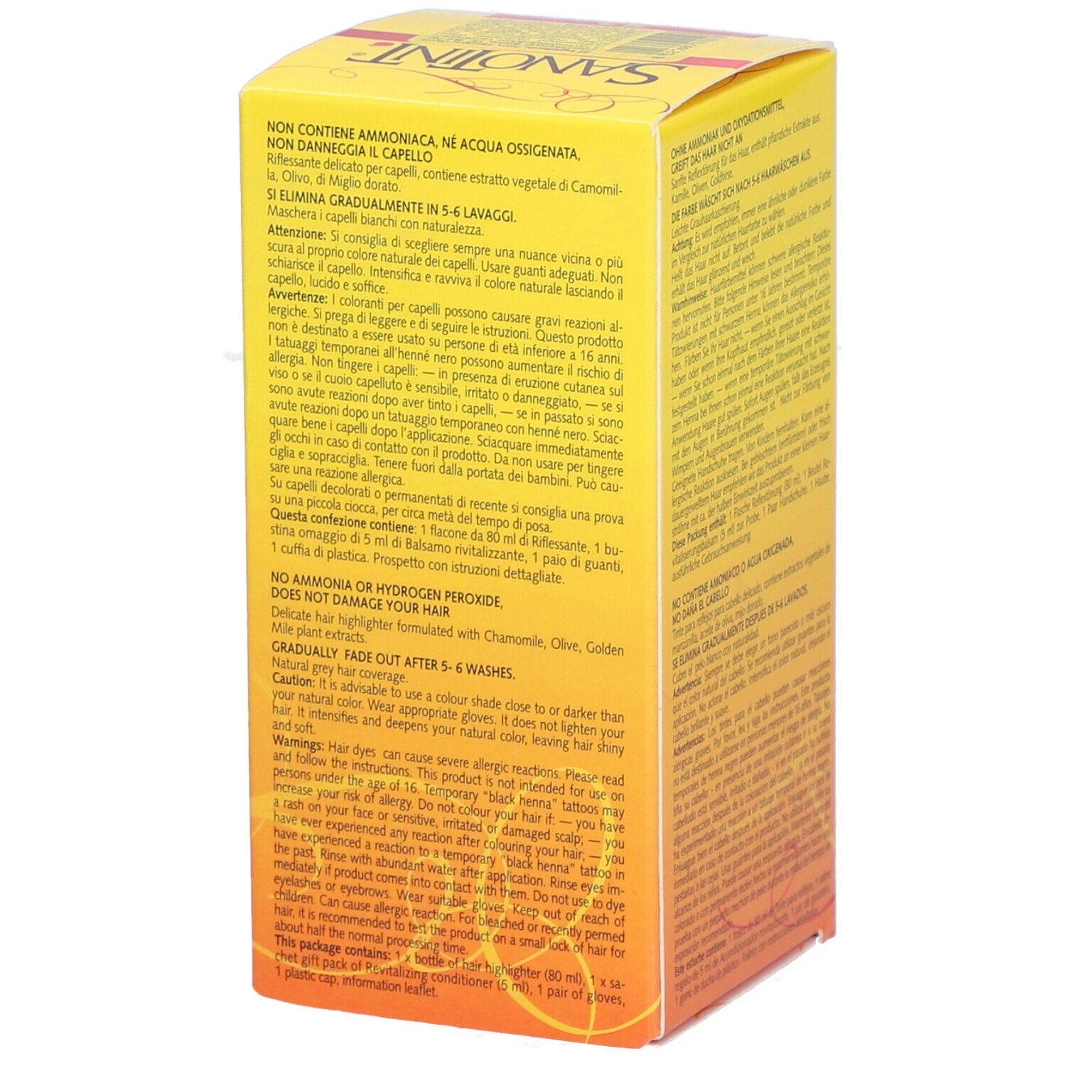 Gelbe Schachtel mit Text. Enthält Informationen zum Produkt. Aufschrift: 52 dunkelbraun. 80 ml.