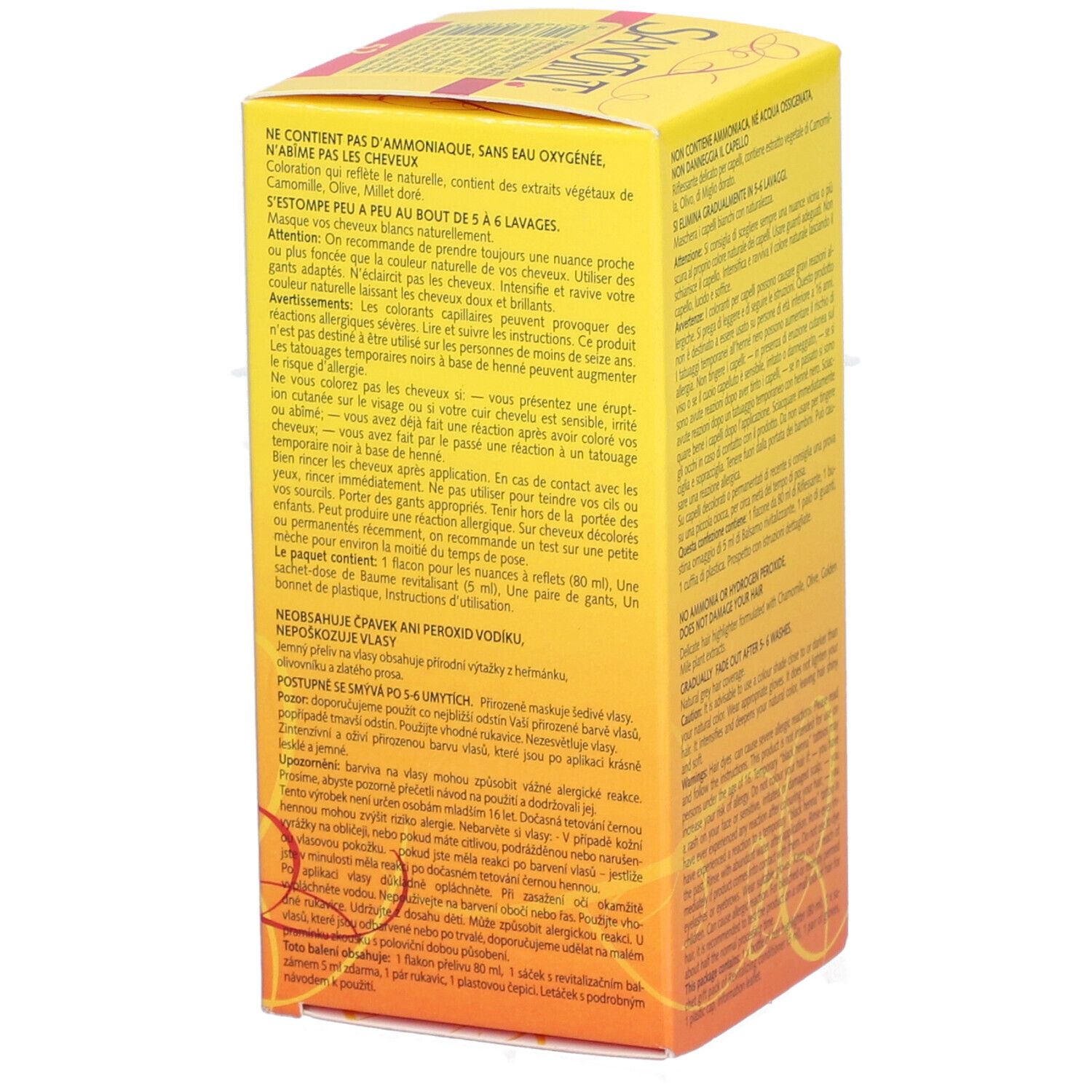 Gelbe Schachtel mit Text. Enthält Informationen zum Produkt. Aufschrift: 52 dunkelbraun. 80 ml.