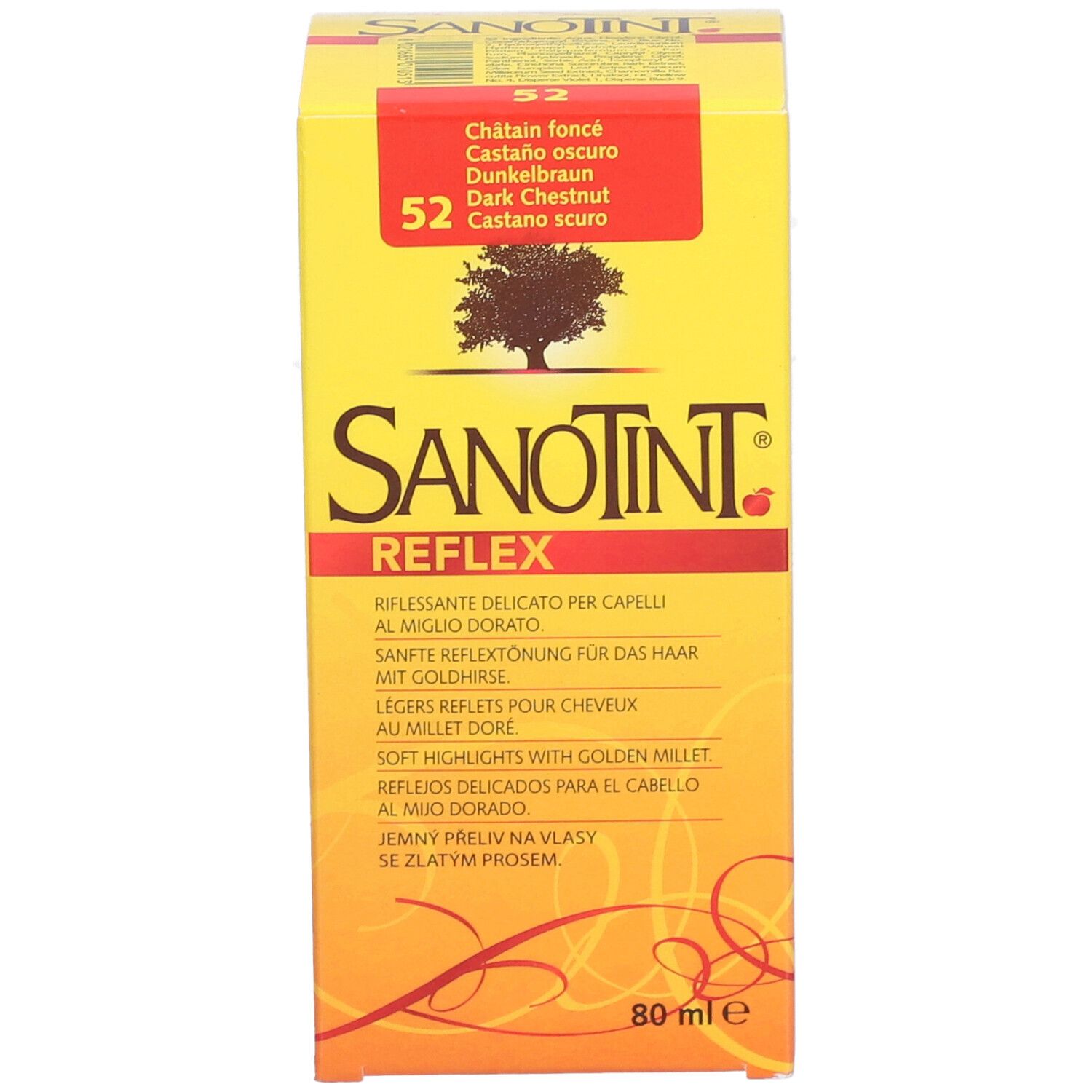 Gelbe Schachtel mit Produktnamen SANOTINT Reflex. Aufschrift: 52 dunkelbraun. Enthält 80 ml.