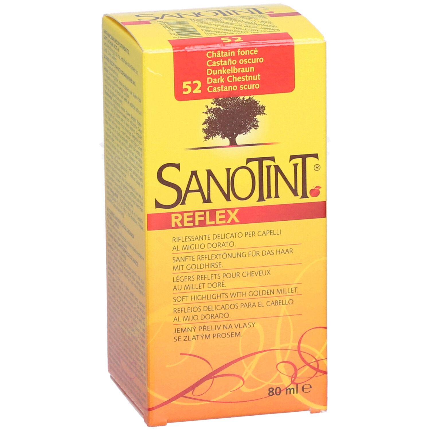 Gelbe Schachtel mit Produktnamen SANOTINT Reflex. Aufschrift: 52 dunkelbraun. Enthält 80 ml.
