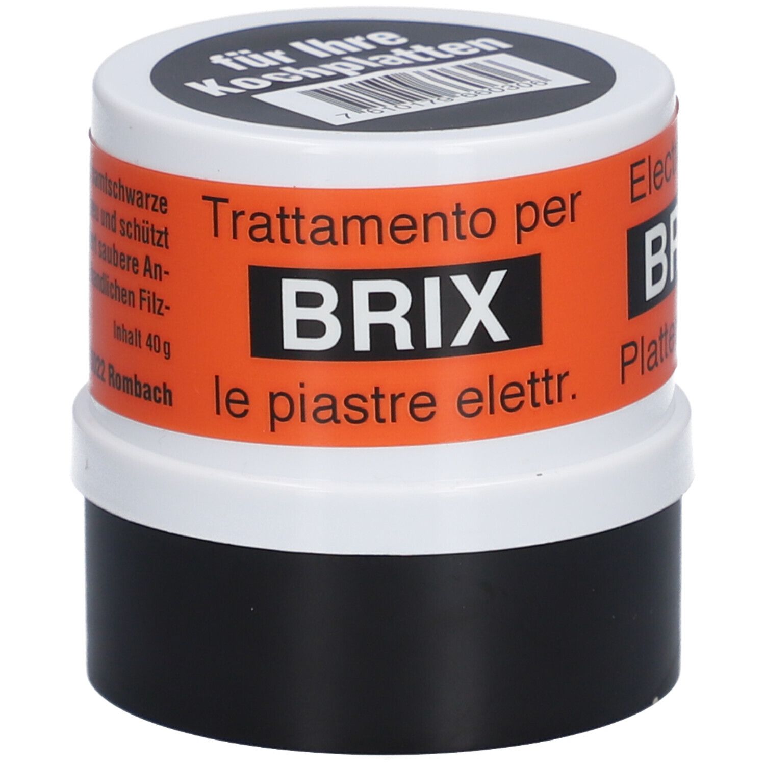 BRIX Pflege Heizplatten schwarz. Dose mit Deckel. Orangefarbenes Etikett mit Text. Schwarzer Behälter, weißer Deckel.