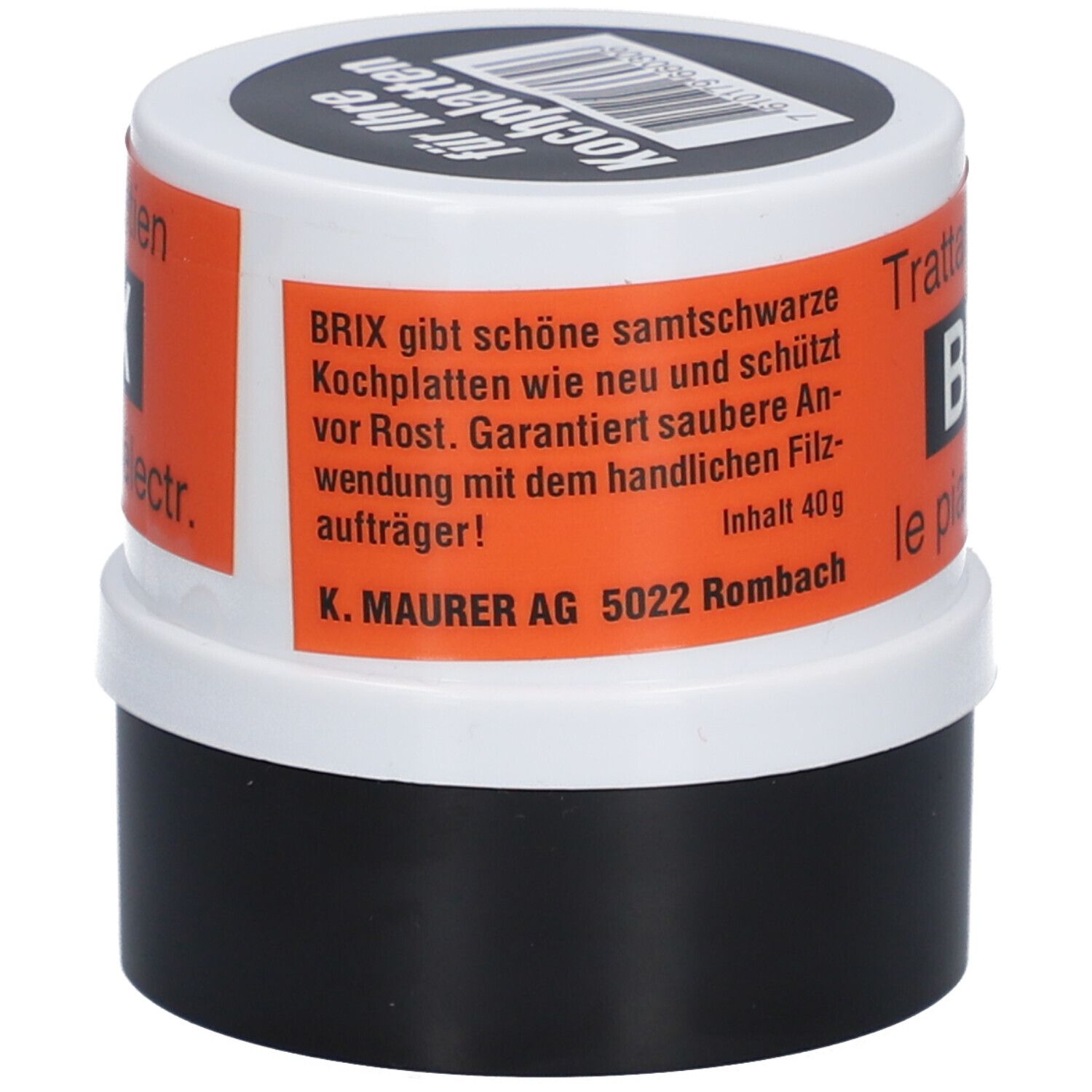 BRIX Pflege Heizplatten schwarz. Dose mit Text. Orangefarbenes Etikett mit Text. Schwarzer Behälter, weißer Deckel.