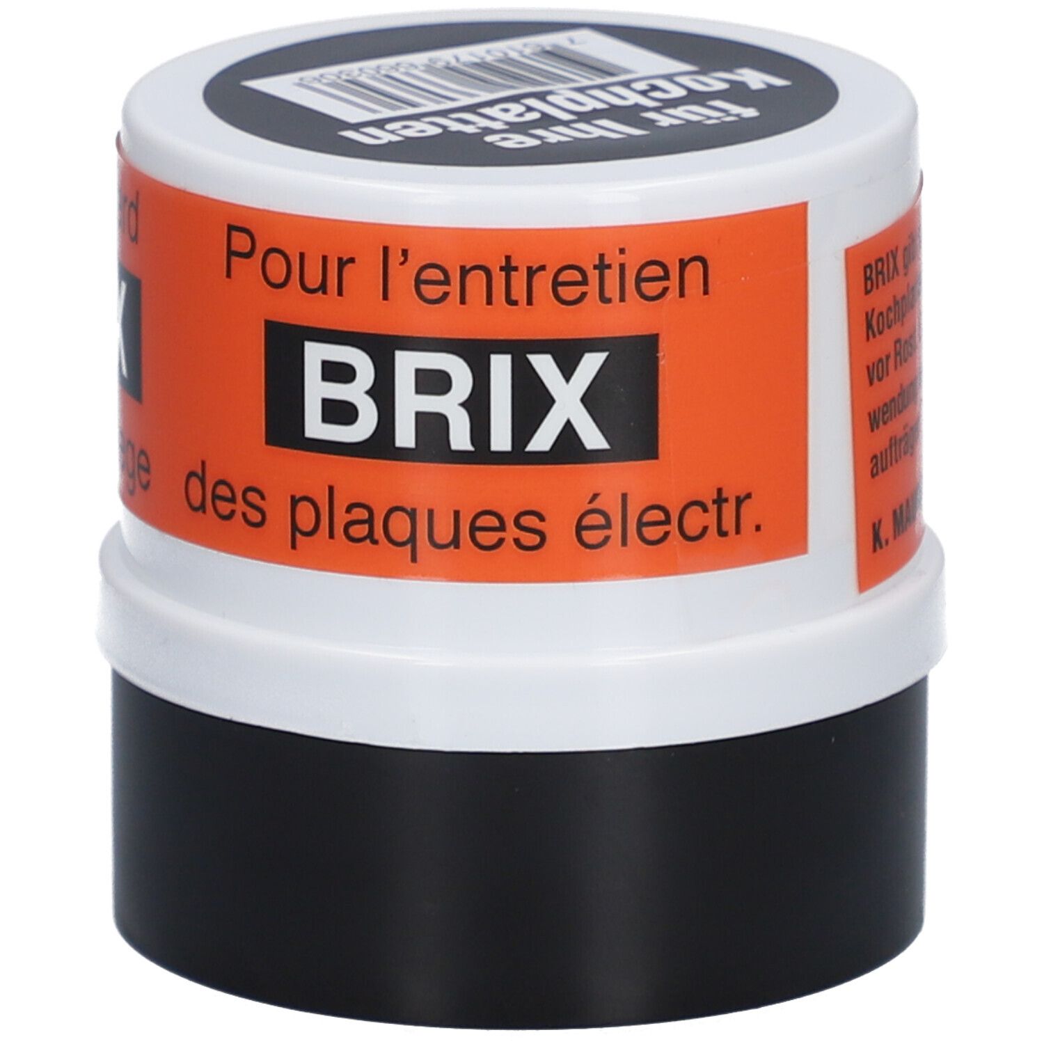 BRIX Pflege Heizplatten schwarz. Dose mit Text. Orangefarbenes Etikett mit Text. Schwarzer Behälter, weißer Deckel.