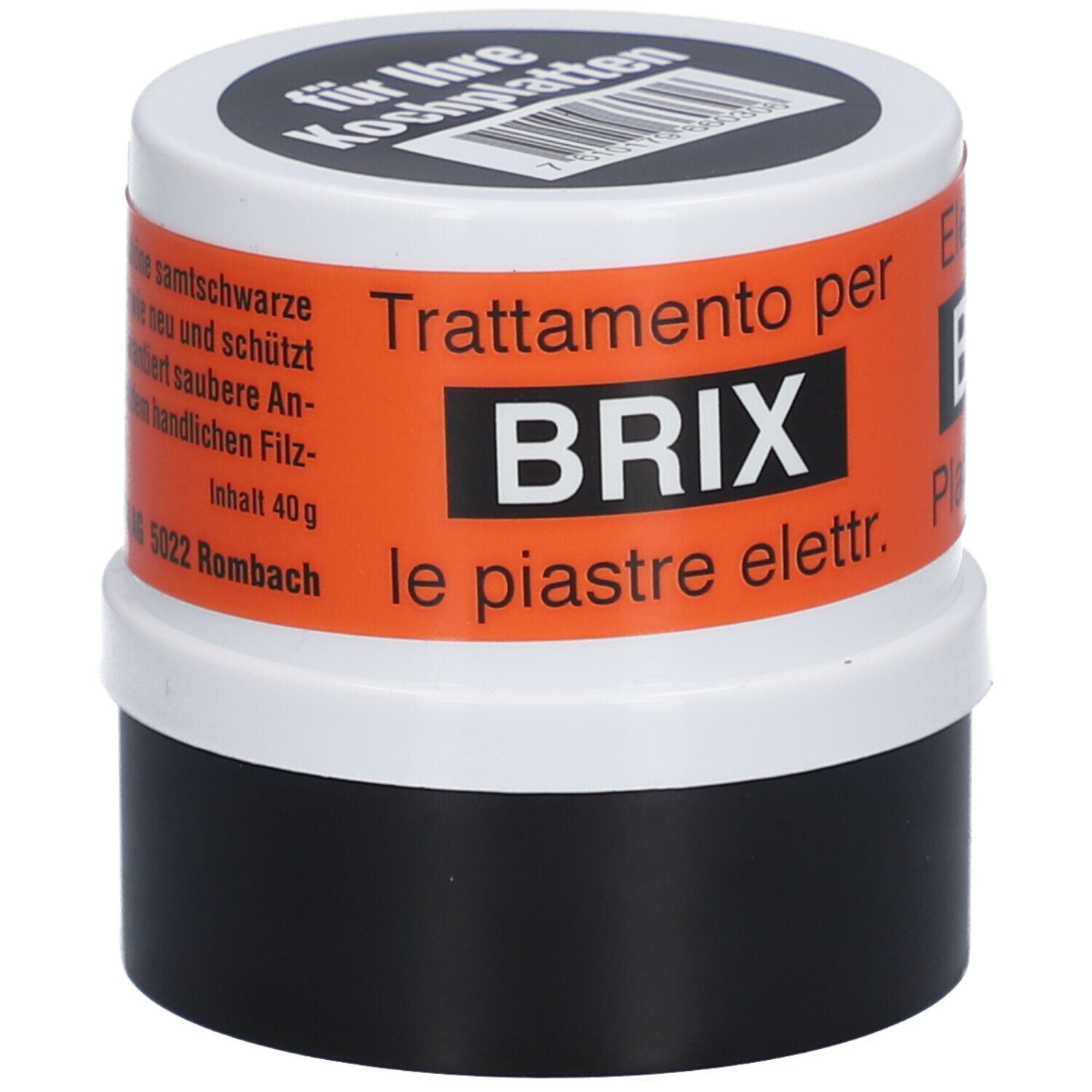 BRIX Pflege Heizplatten schwarz. Dose mit Text. Orangefarbenes Etikett mit Text. Schwarzer Behälter, weißer Deckel.