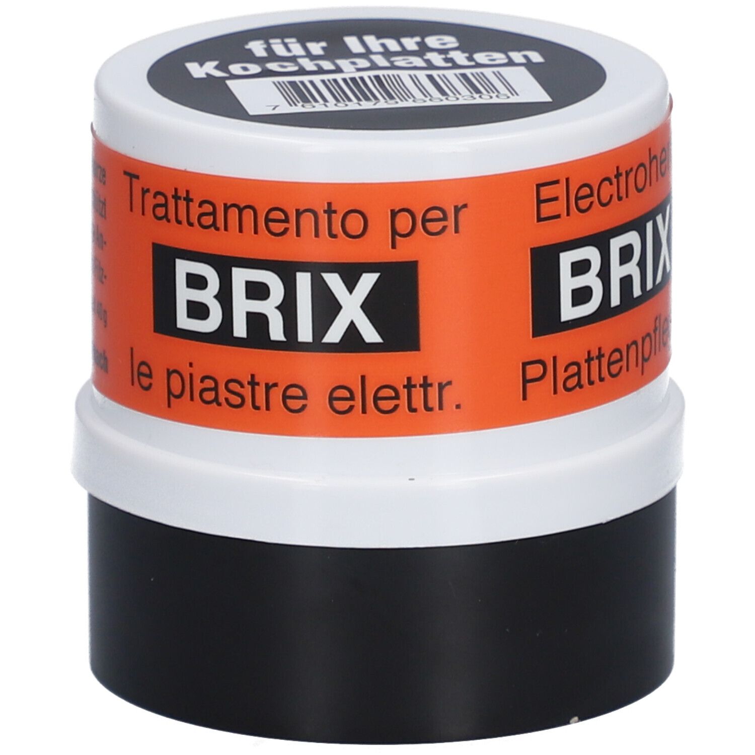 BRIX Pflege Heizplatten schwarz. Dose mit Text. Orangefarbenes Etikett mit Text. Schwarzer Behälter, weißer Deckel.