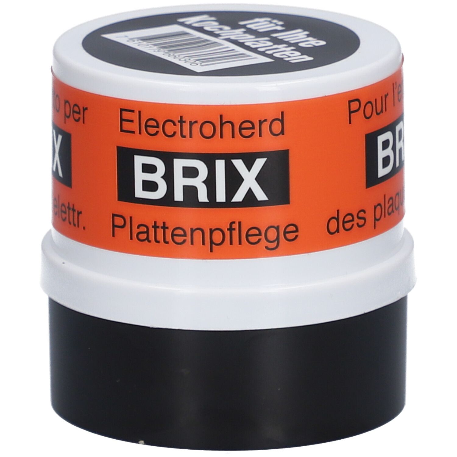 BRIX Pflege Heizplatten schwarz. Dose mit Text. Orangefarbenes Etikett mit Text. Schwarzer Behälter, weißer Deckel.