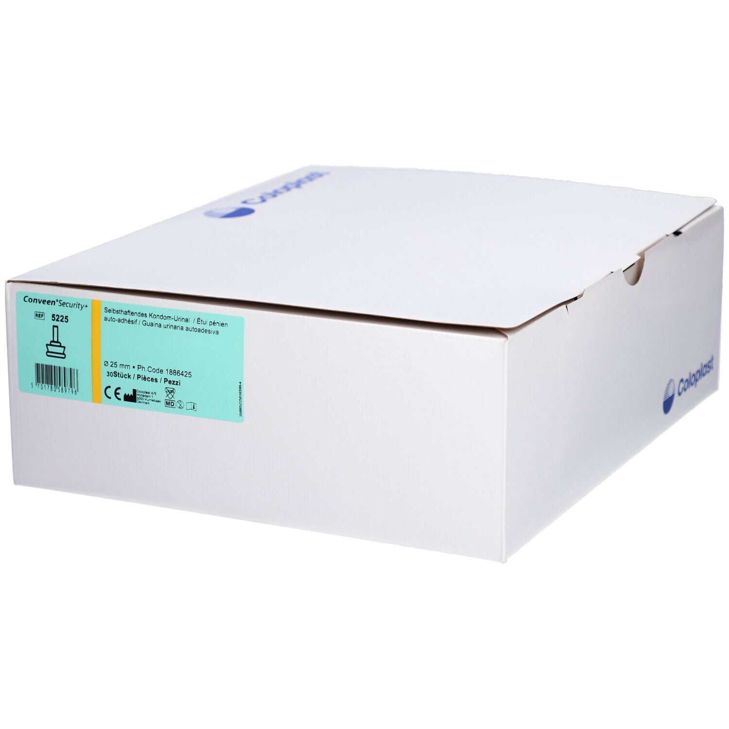 Emballage en carton blanc avec logo Coloplast. Étiquette avec informations produit sur le côté. Boîte fermée avec couvercle.