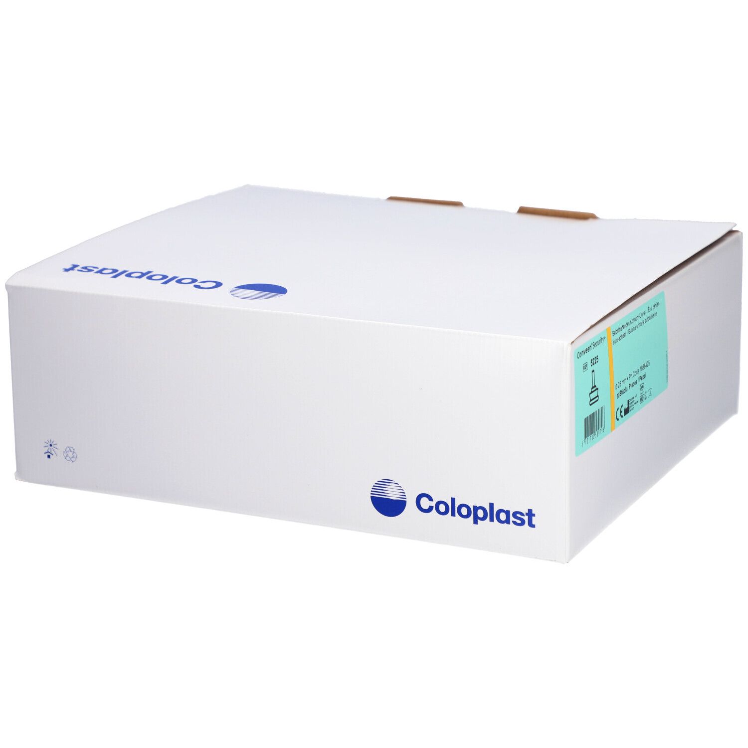 Emballage en carton blanc avec logo Coloplast. Étiquette avec informations produit sur le côté. Boîte fermée avec couvercle.