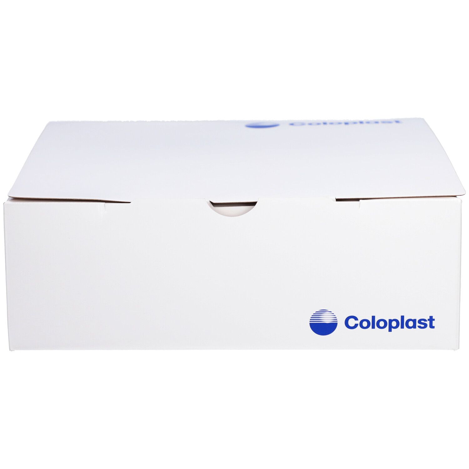 Emballage en carton blanc avec logo Coloplast. Boîte fermée avec couvercle. Design minimaliste.