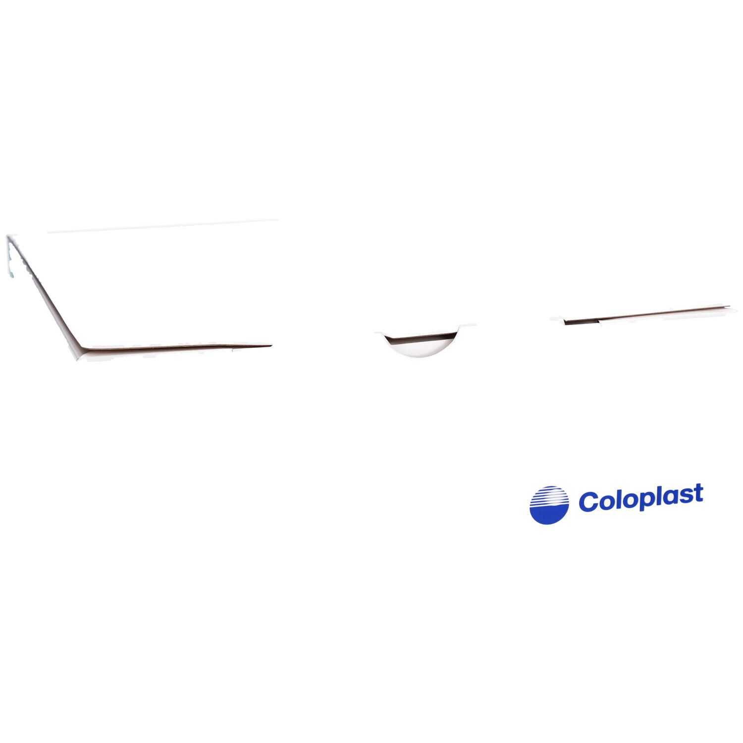 Emballage en carton blanc ouvert avec logo Coloplast. Couvercle et carton séparés. Design minimaliste.
