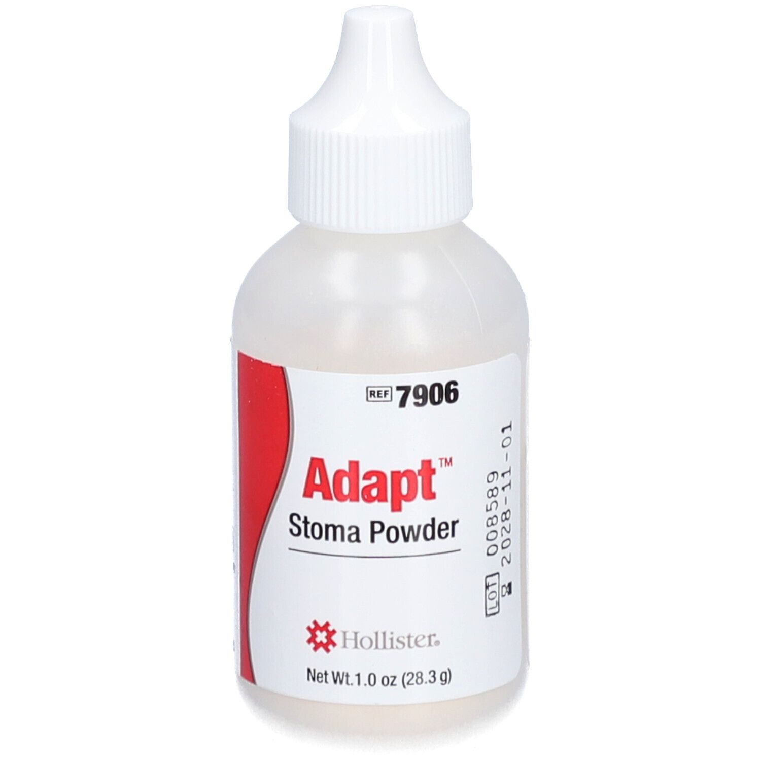 Hollister Adapt Stoma Puder. Weiße Flasche mit rotem Etikett. Produktname und Marke deutlich sichtbar.
