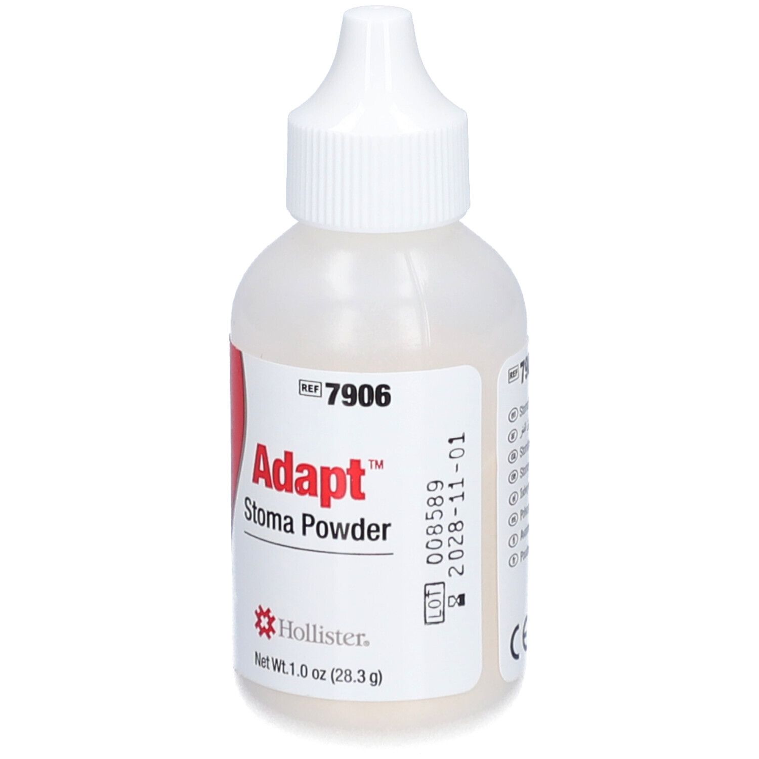 Hollister Adapt Stoma Puder. Weiße Flasche mit rotem Etikett. Produktname und Marke deutlich sichtbar.