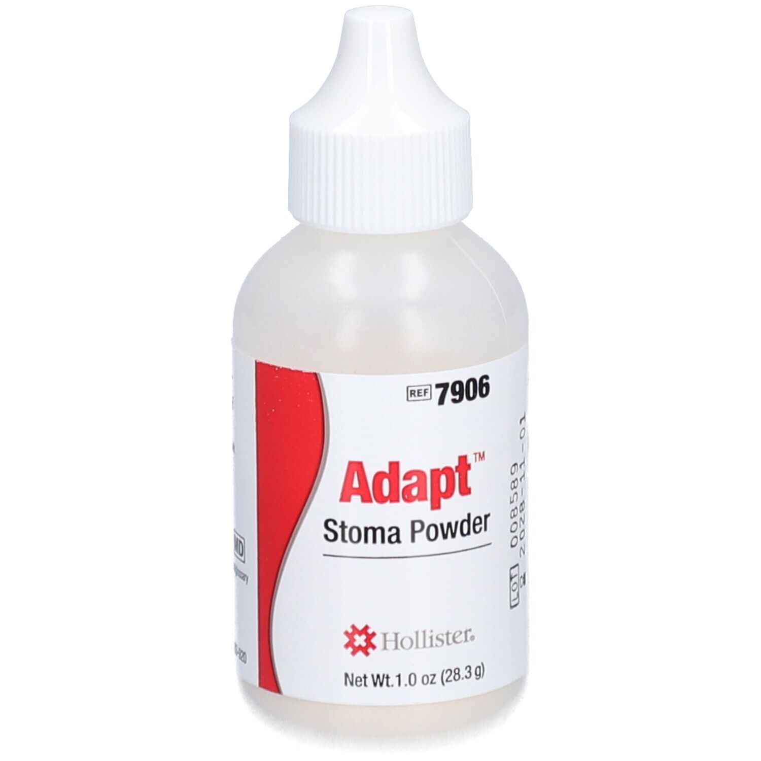 Hollister Adapt Stoma Puder. Weiße Flasche mit rotem Etikett. Produktname und Marke deutlich sichtbar.