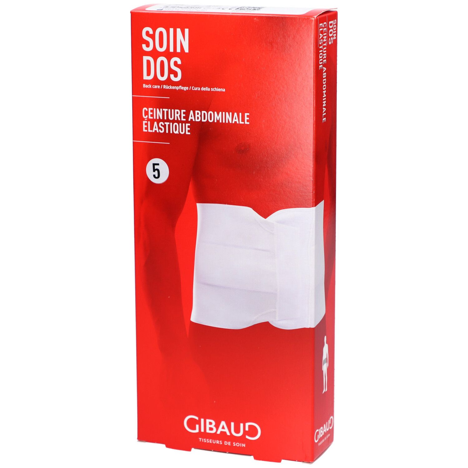 Boîte rouge avec ceinture abdominale. Inscriptions: SOIN DOS, CEINTURE ABDOMINALE ELASTIQUE, GIBAUD. Taille 5.