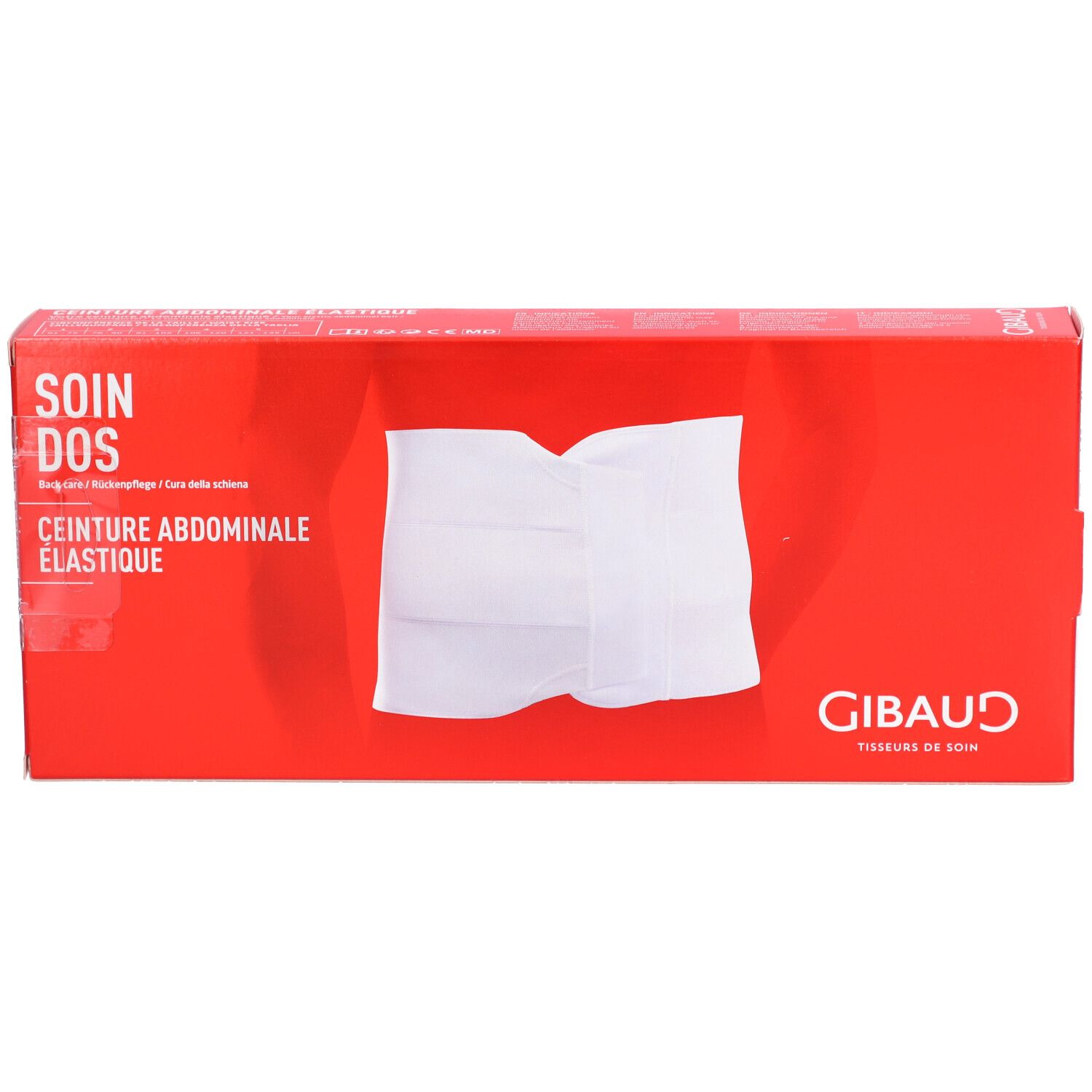 Boîte rouge avec ceinture abdominale. Inscriptions: SOIN DOS, CEINTURE ABDOMINALE ELASTIQUE, GIBAUD.
