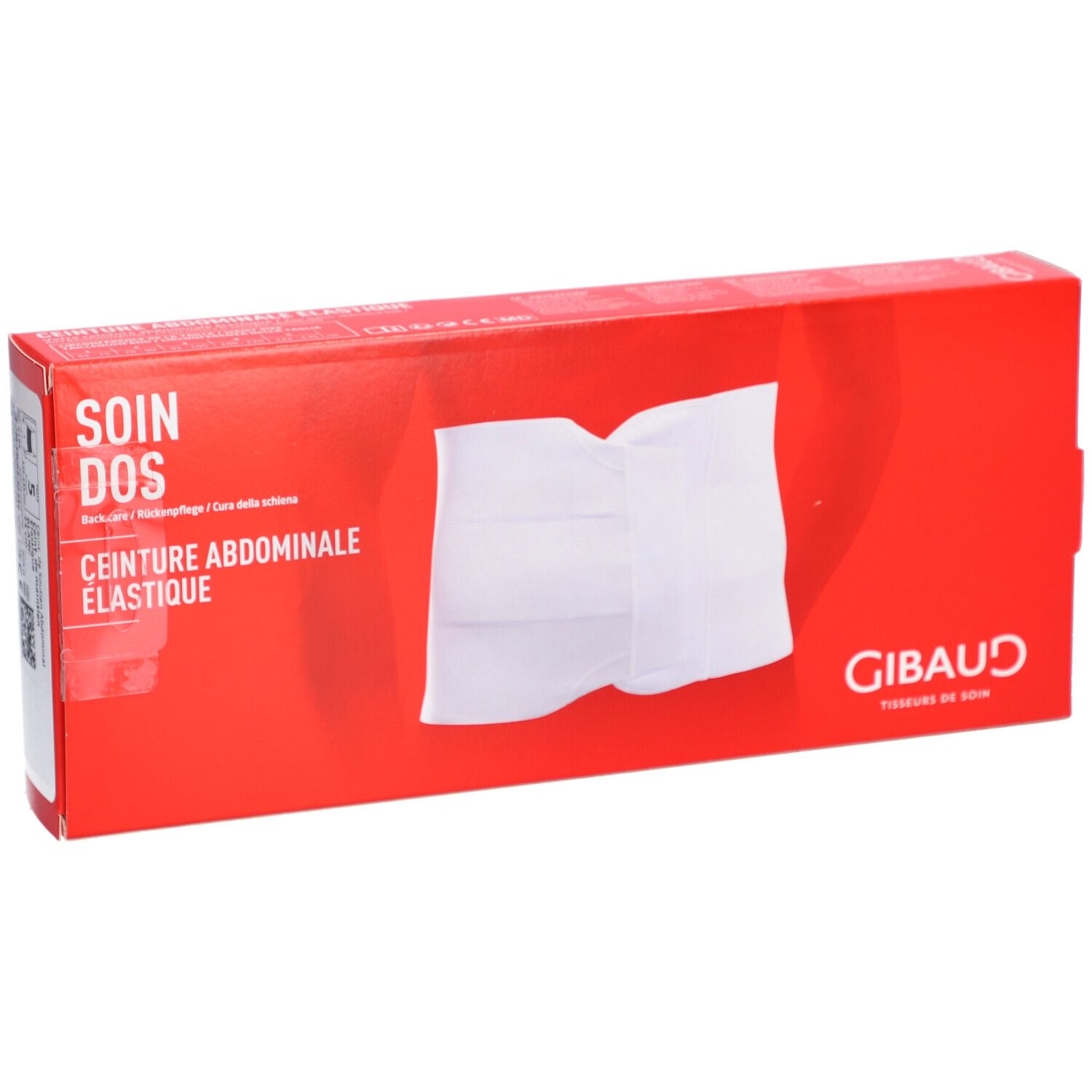 Boîte rouge avec ceinture abdominale. Inscriptions: SOIN DOS, CEINTURE ABDOMINALE ELASTIQUE, GIBAUD.