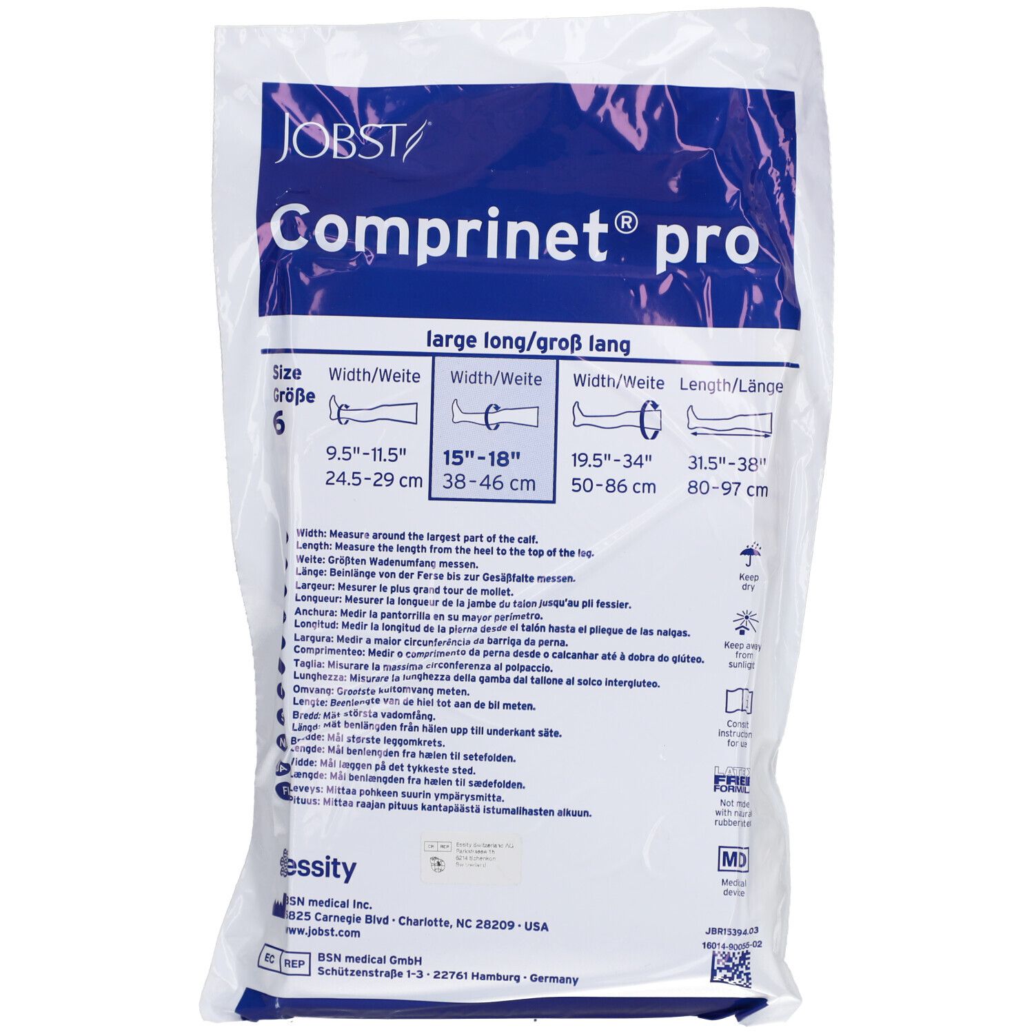 Emballage de Comprinet® pro, taille 6. Contient un bas de compression long. Indications de taille en pouces et centimètres.