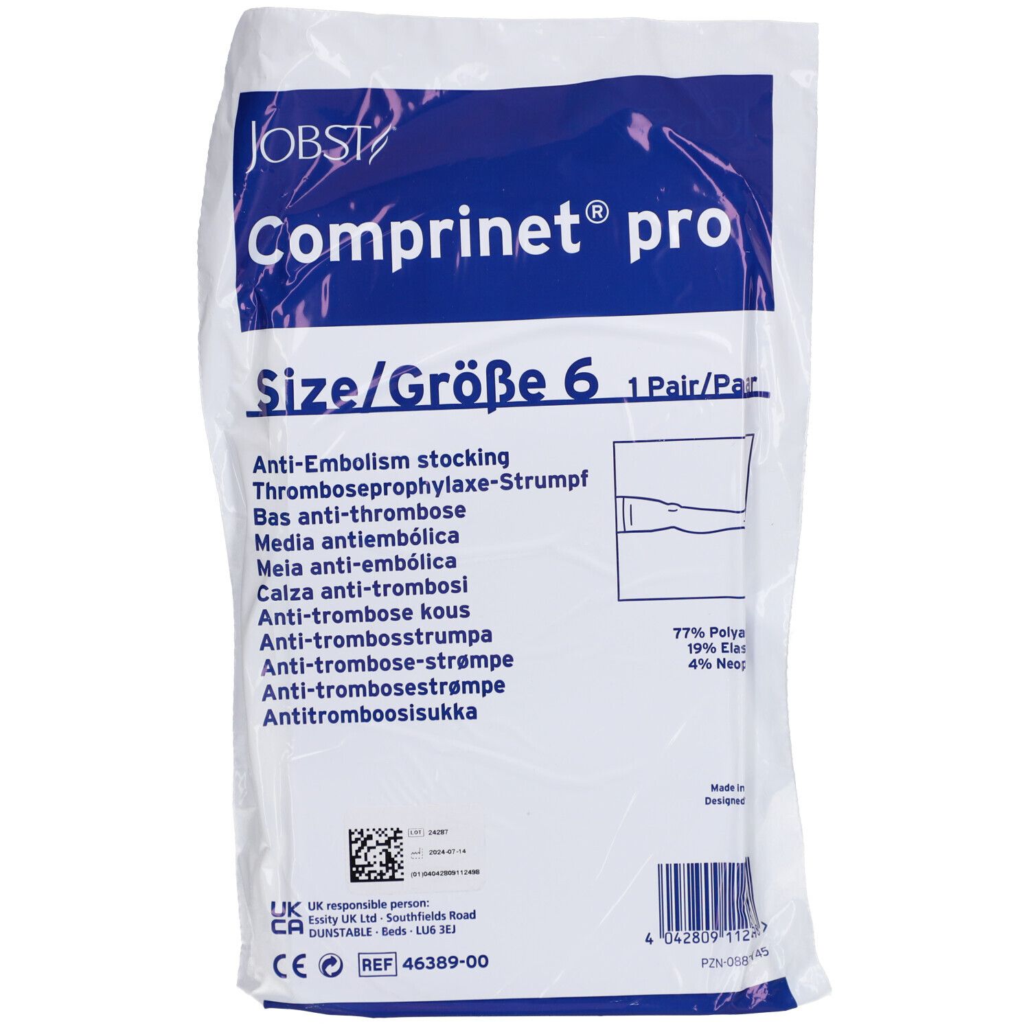 Emballage de Comprinet® pro, taille 6. Contient une paire de bas anti-embolie. Composition du matériau indiquée.