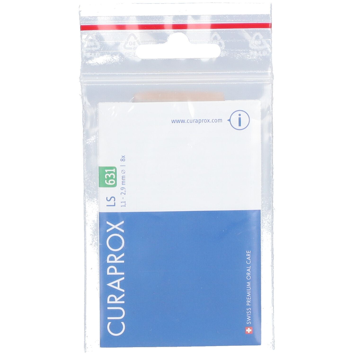 Emballage de brosses interdentaires CURAPROX LS 631. Informations sur une carte. Emballage plastique transparent avec bande rouge.