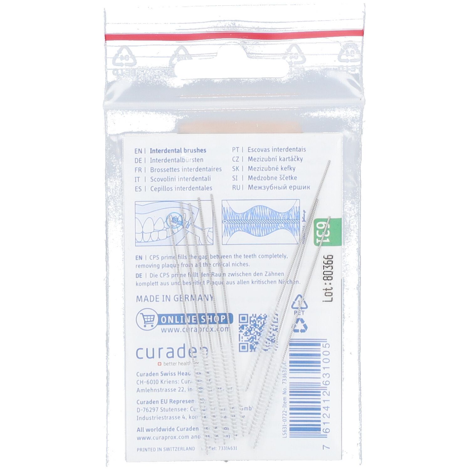 Dos de l'emballage des brosses interdentaires CURAPROX LS 631. Illustration du produit et texte multilingue. Emballage transparent.