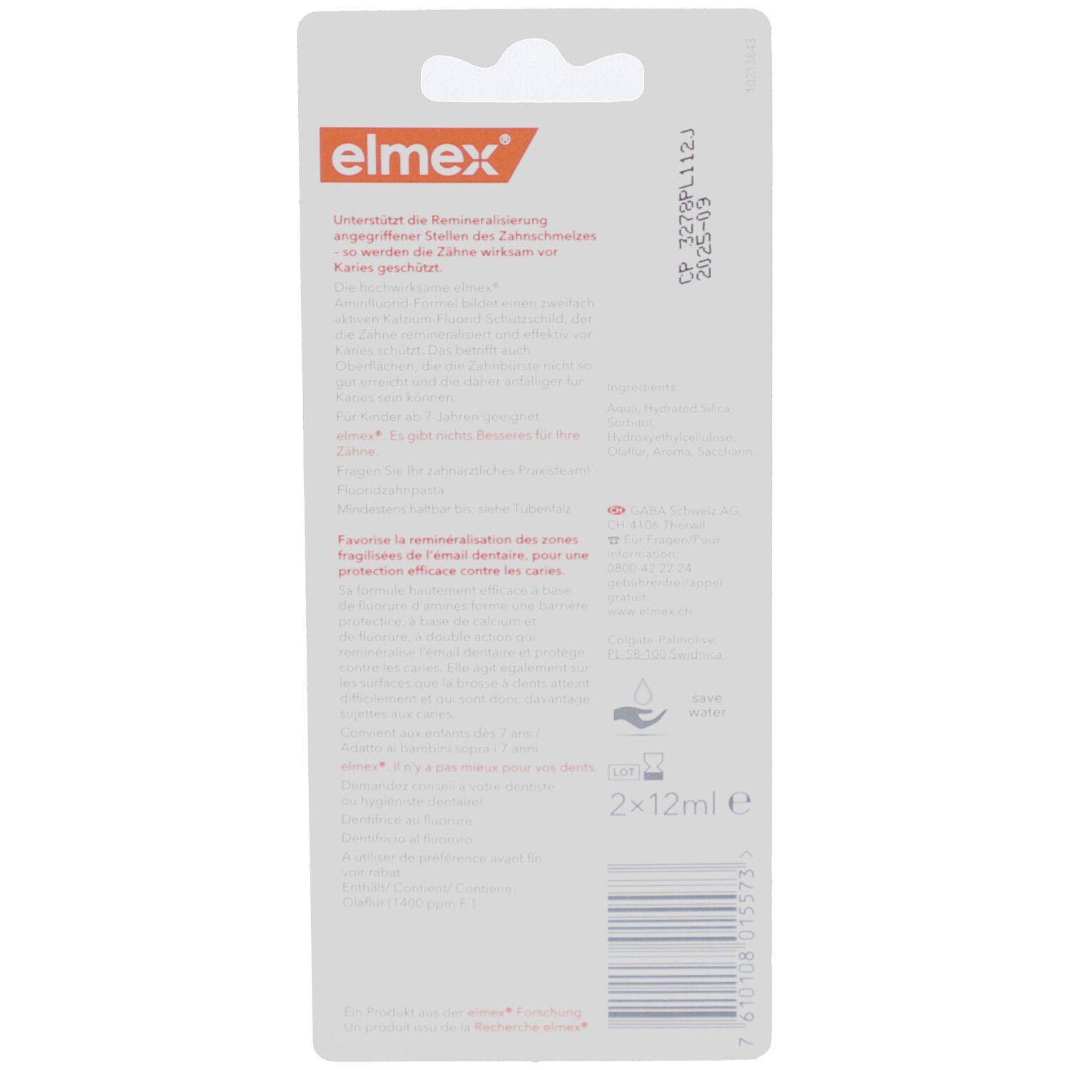 Dos de l'emballage avec informations sur le produit et le logo elmex.