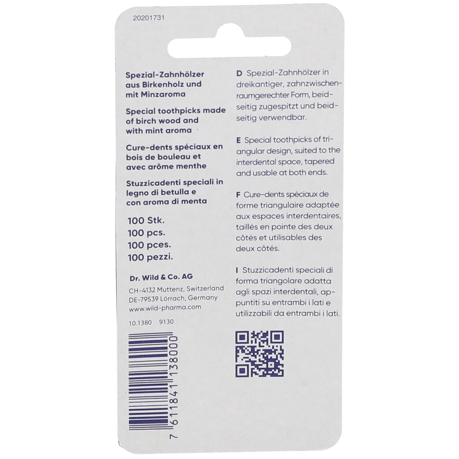 Rückseite der Verpackung mit Produktinformationen und QR-Code. Text in Deutsch, Englisch, Französisch und Italienisch.