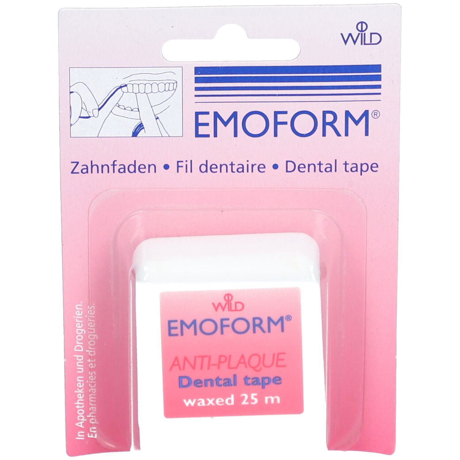Emballage rose EMOFORM® Fil dentaire. Logo et nom de produit en haut. Nom et "Anti-Plaque" en bas.