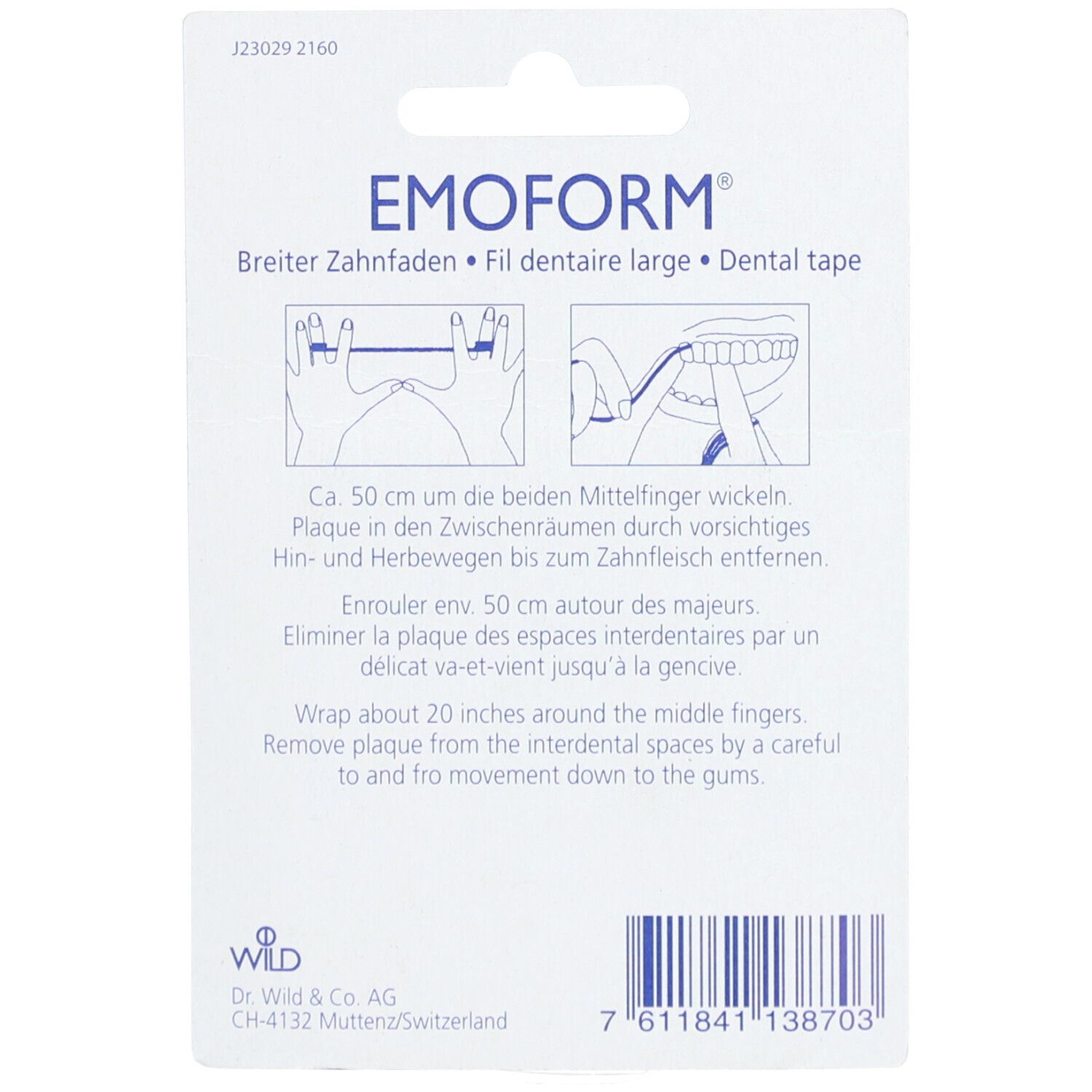 Dos de l'emballage EMOFORM® Fil dentaire. Nom du produit, exemples d'utilisation et texte multilingue.