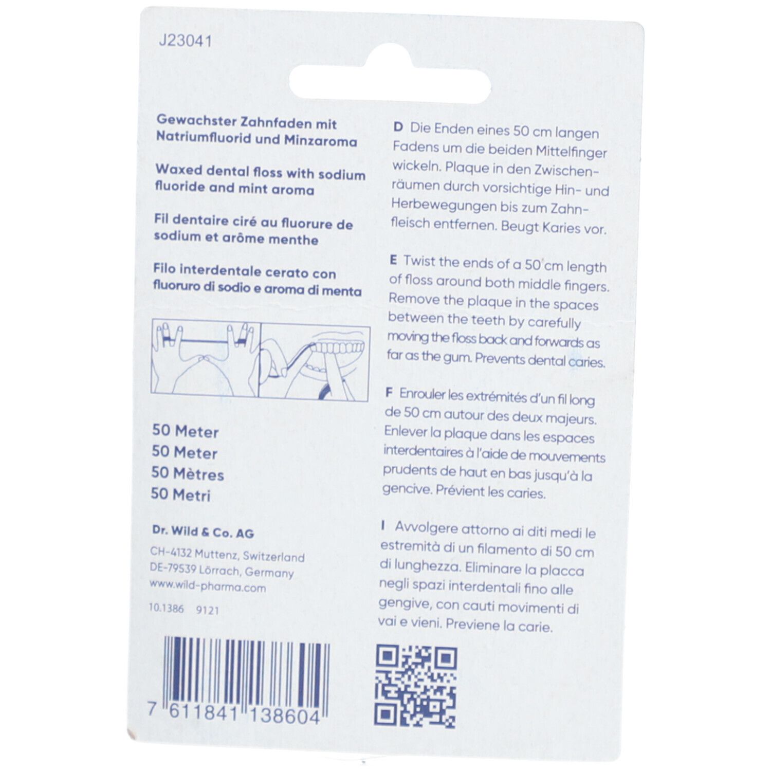 Dos de l'emballage de fil dentaire. Texte en allemand, anglais, français et italien. Code QR et informations fabricant.