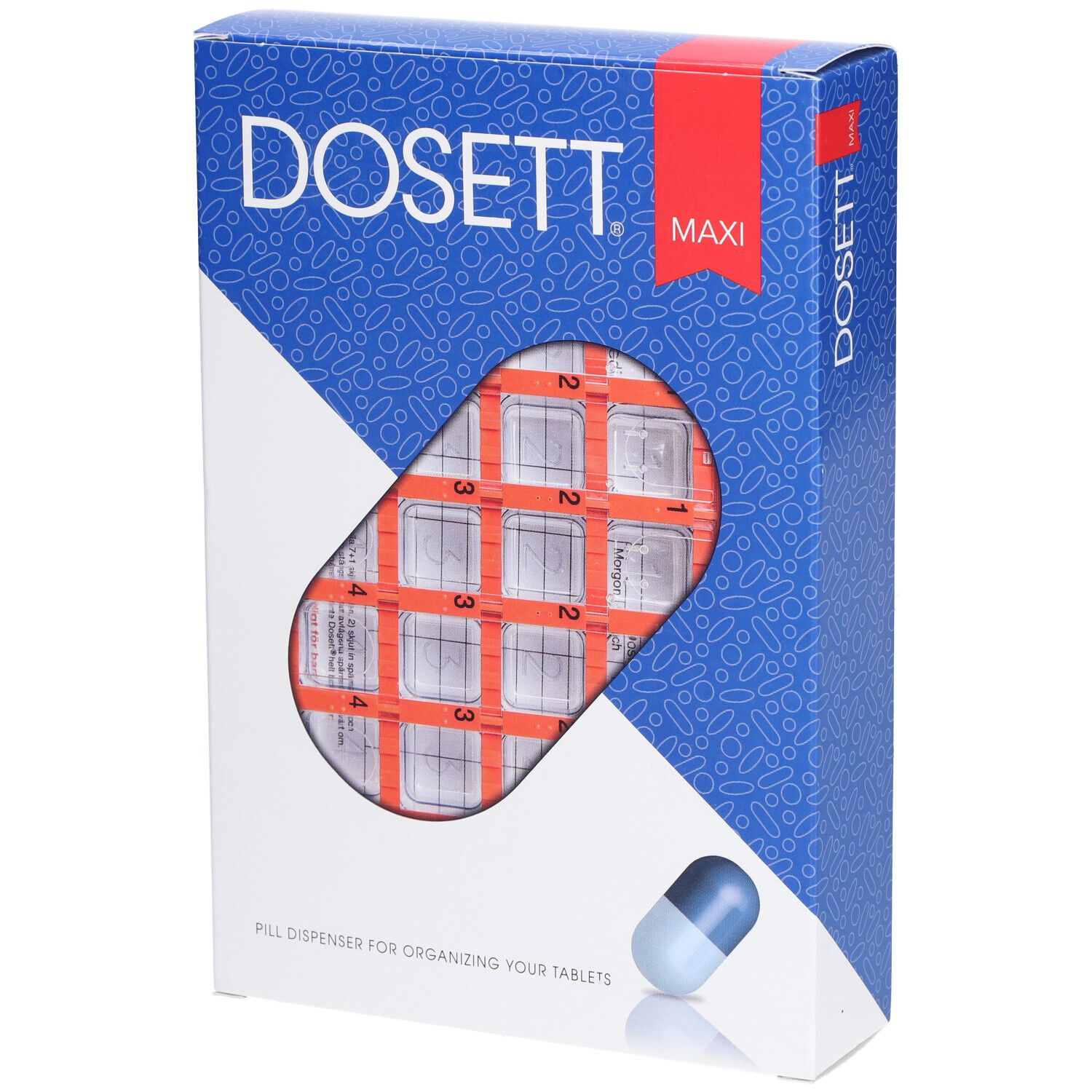 Verpackung mit Pillendose. Blau-weiße Schachtel mit Sichtfenster auf eine orangefarbene Tabletten-Organisationshilfe. DOSETT MAXI-Logo.