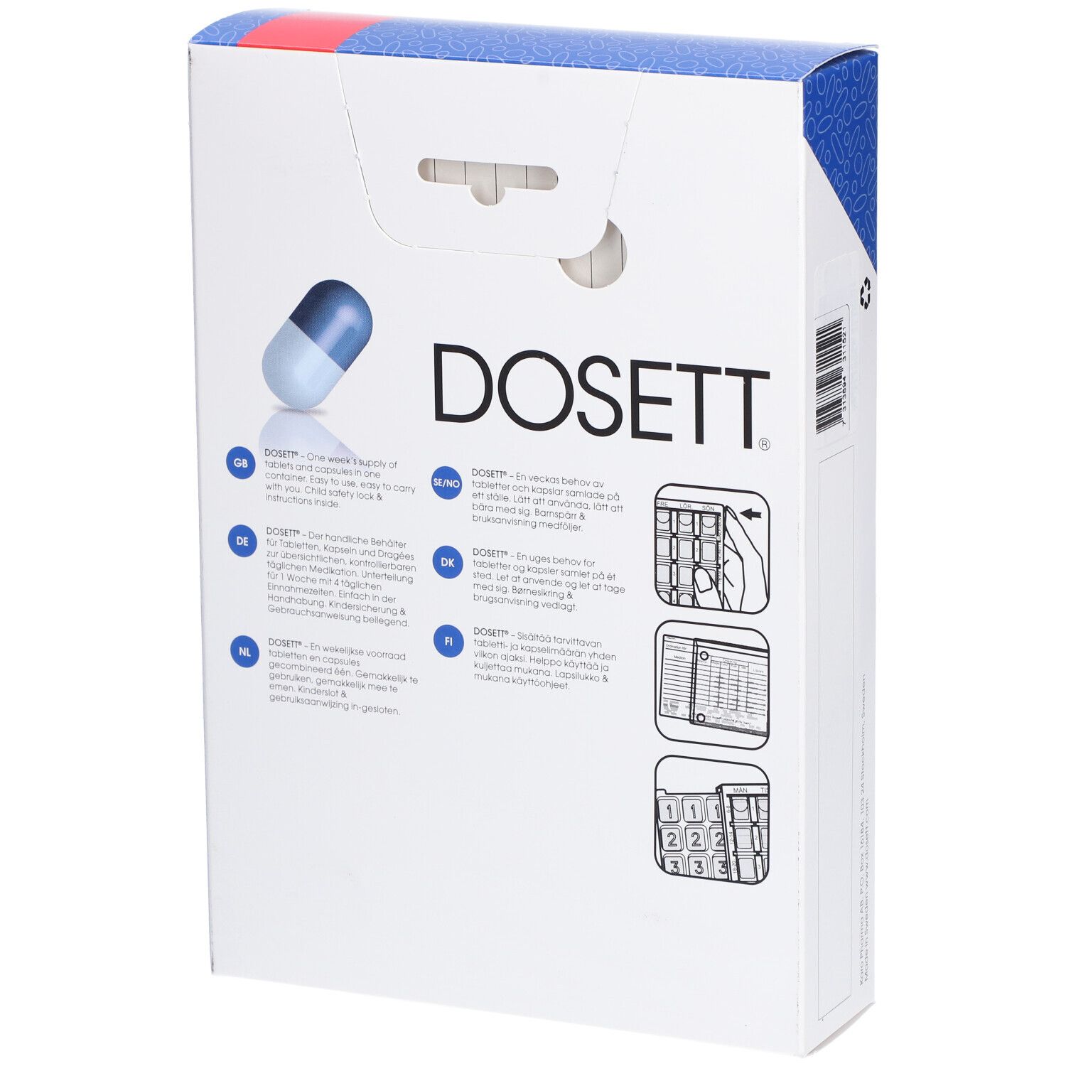 Rückseite der Pillendosenverpackung. Text in mehreren Sprachen. Illustrationen zur Anwendung. DOSETT-Logo und Pillen-Illustration.