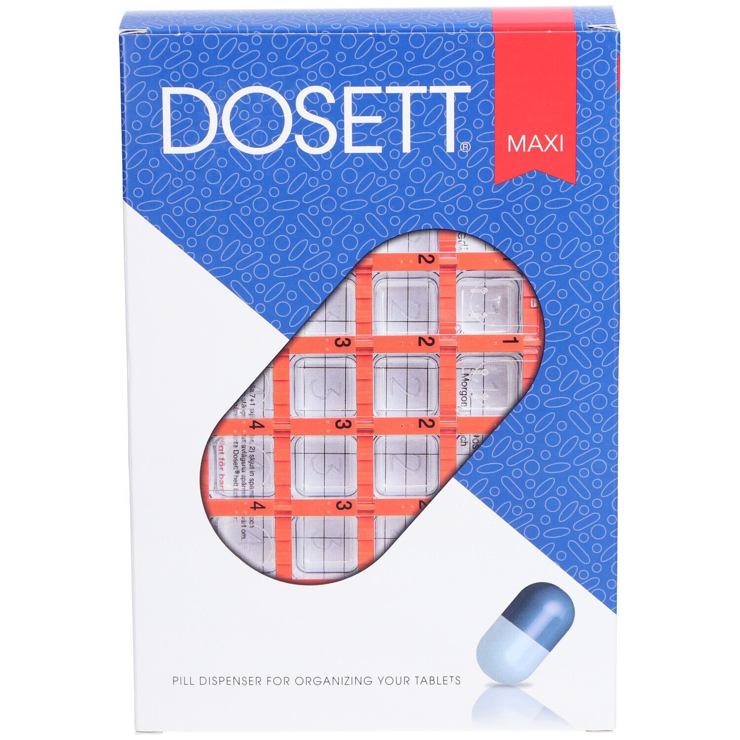Pillendosenverpackung. Blau-weiße Schachtel mit Sichtfenster auf eine orangefarbene Tabletten-Organisationshilfe. DOSETT MAXI-Logo.