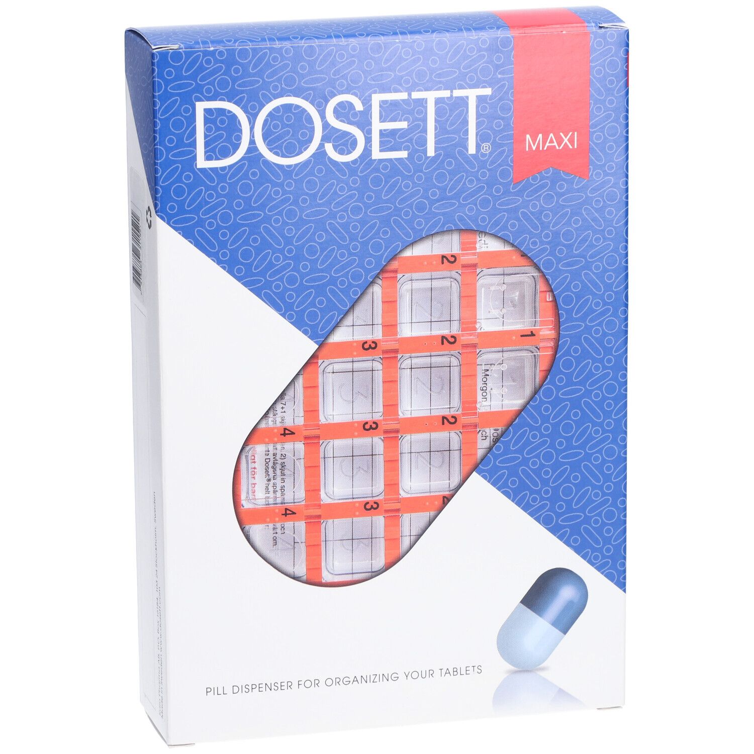 Pillendosenverpackung. Blau-weiße Schachtel mit Sichtfenster auf eine orangefarbene Tabletten-Organisationshilfe. DOSETT MAXI-Logo.
