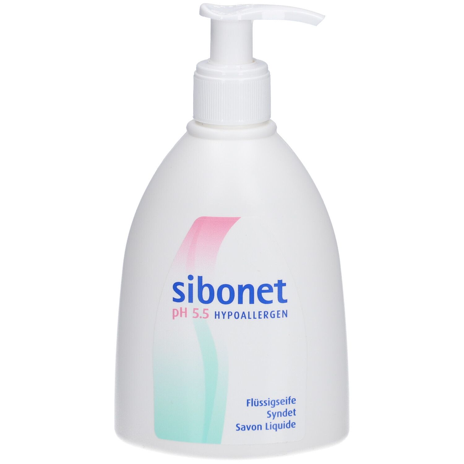 Flacon blanc avec pompe. Inscription: sibonet, pH 5.5 hypoallergénique. Savon liquide, Syndet, Flüssigseife.