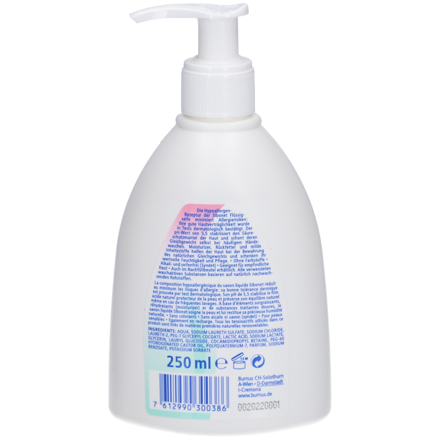 Dos du flacon blanc avec texte. En bas: 250 ml. Code-barres et autres informations.