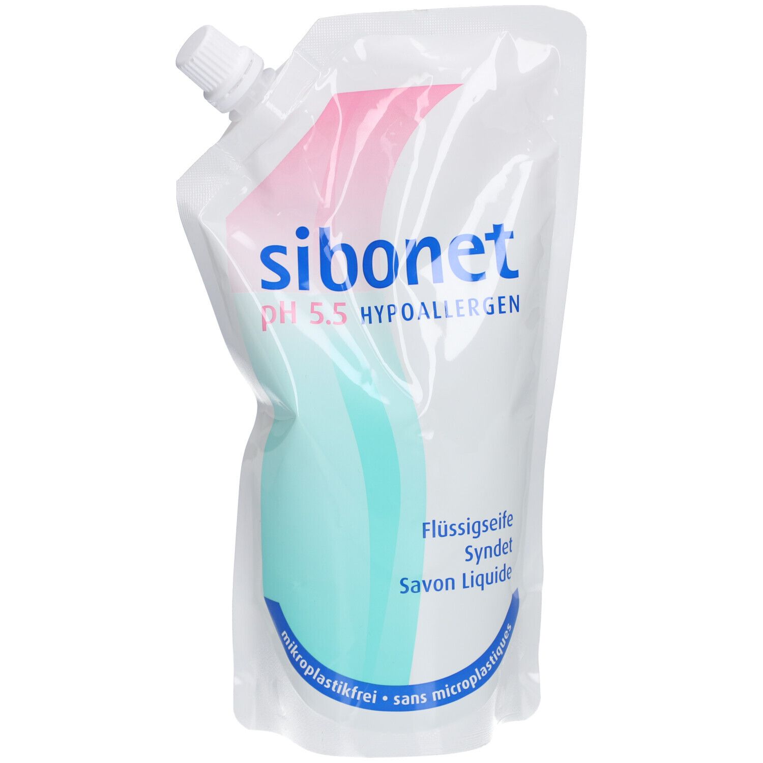 Weiche, transparente Verpackung mit Sibonet-Logo und Text. Flüssigseife, pH 5,5, hypoallergen. Rosa und türkise Akzente.