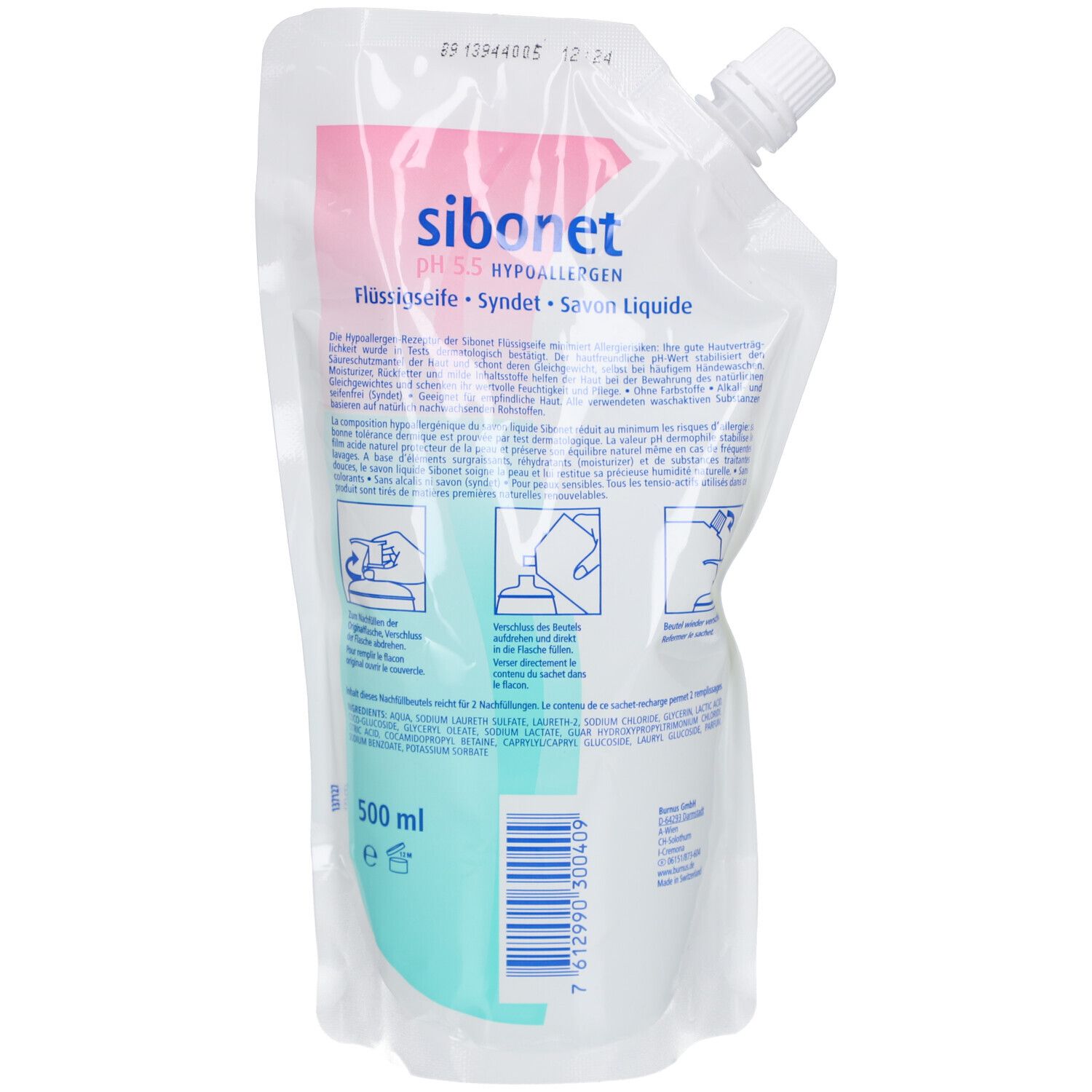 Rückseite der Verpackung mit Text und Illustrationen. Sibonet-Logo, Flüssigseife, pH 5,5, hypoallergen. Barcode und Volumenangabe.