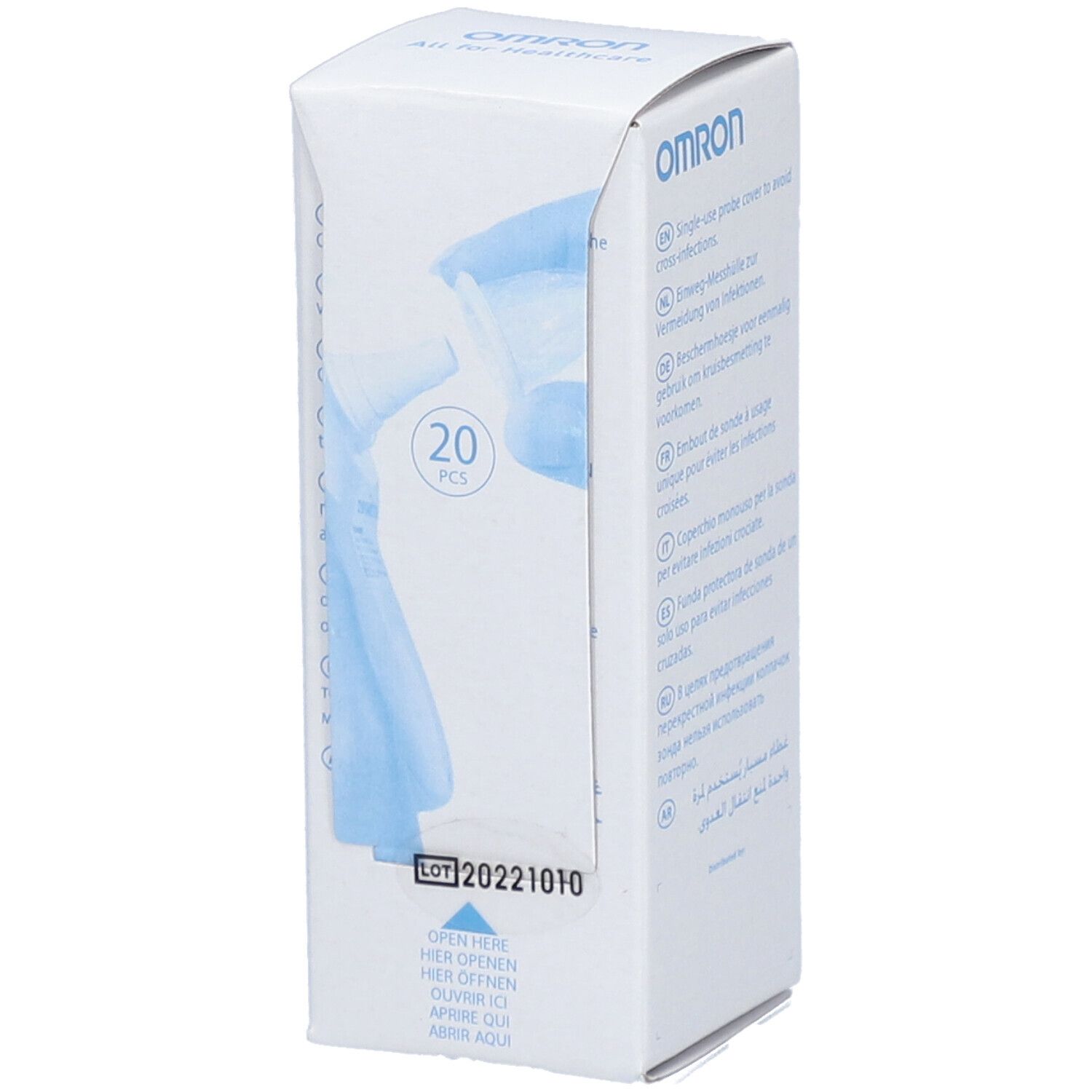Boîte Omron avec 20 protections de sonde. Illustration bleue des protections. Inscription : 20 PCS.