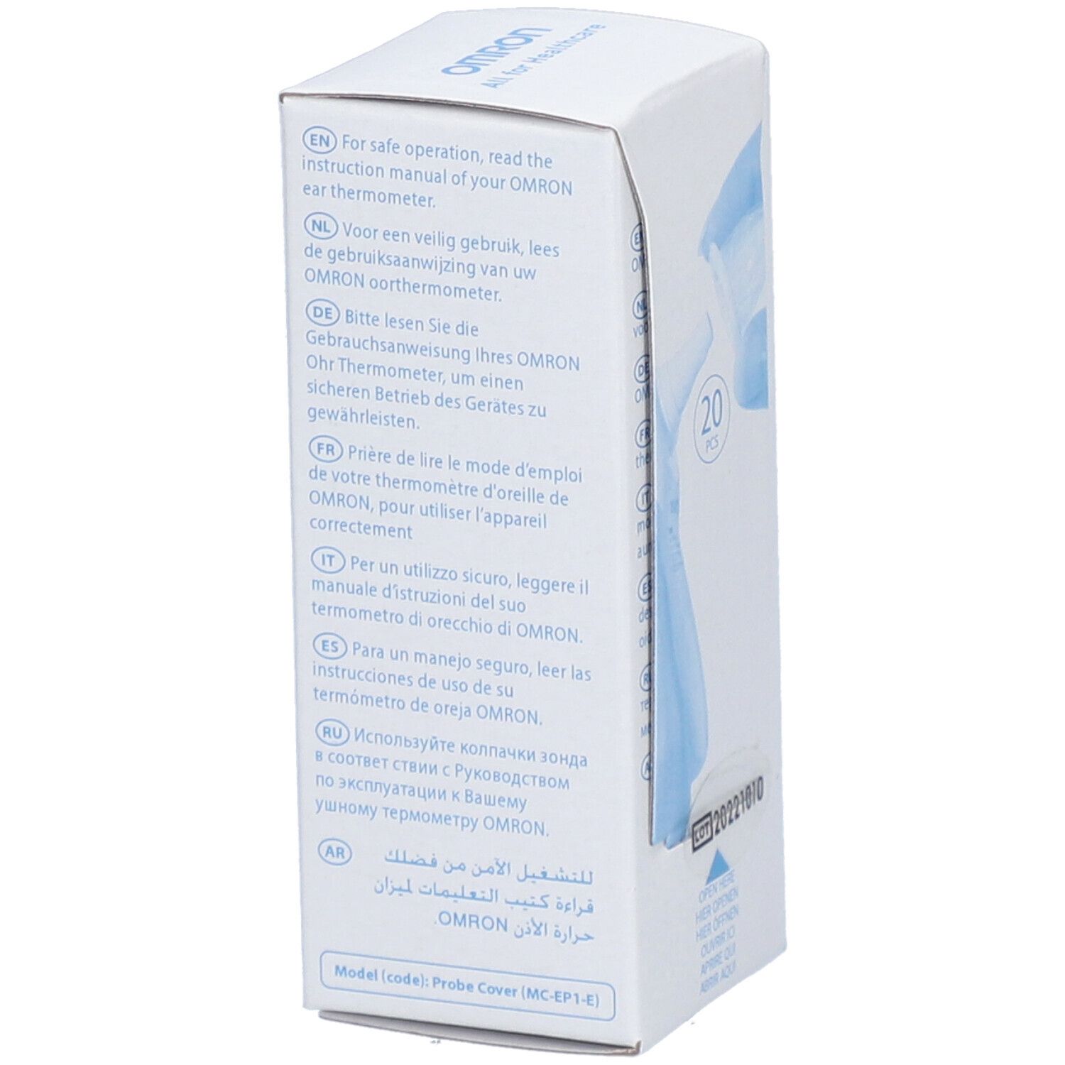 Boîte Omron avec texte multilingue. Contient des informations pour une utilisation sûre de l'appareil.