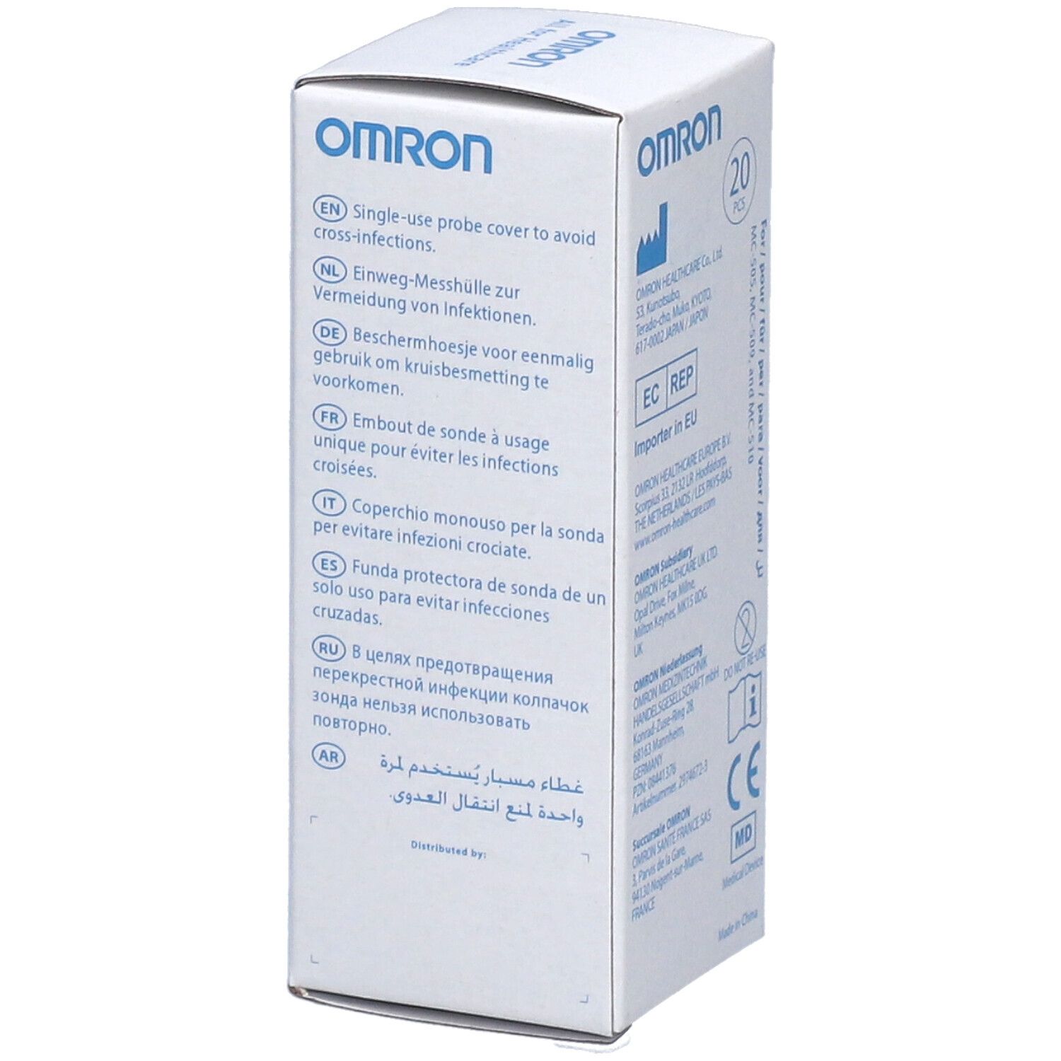 Boîte Omron avec texte multilingue. Protection de sonde unique pour éviter les infections croisées.