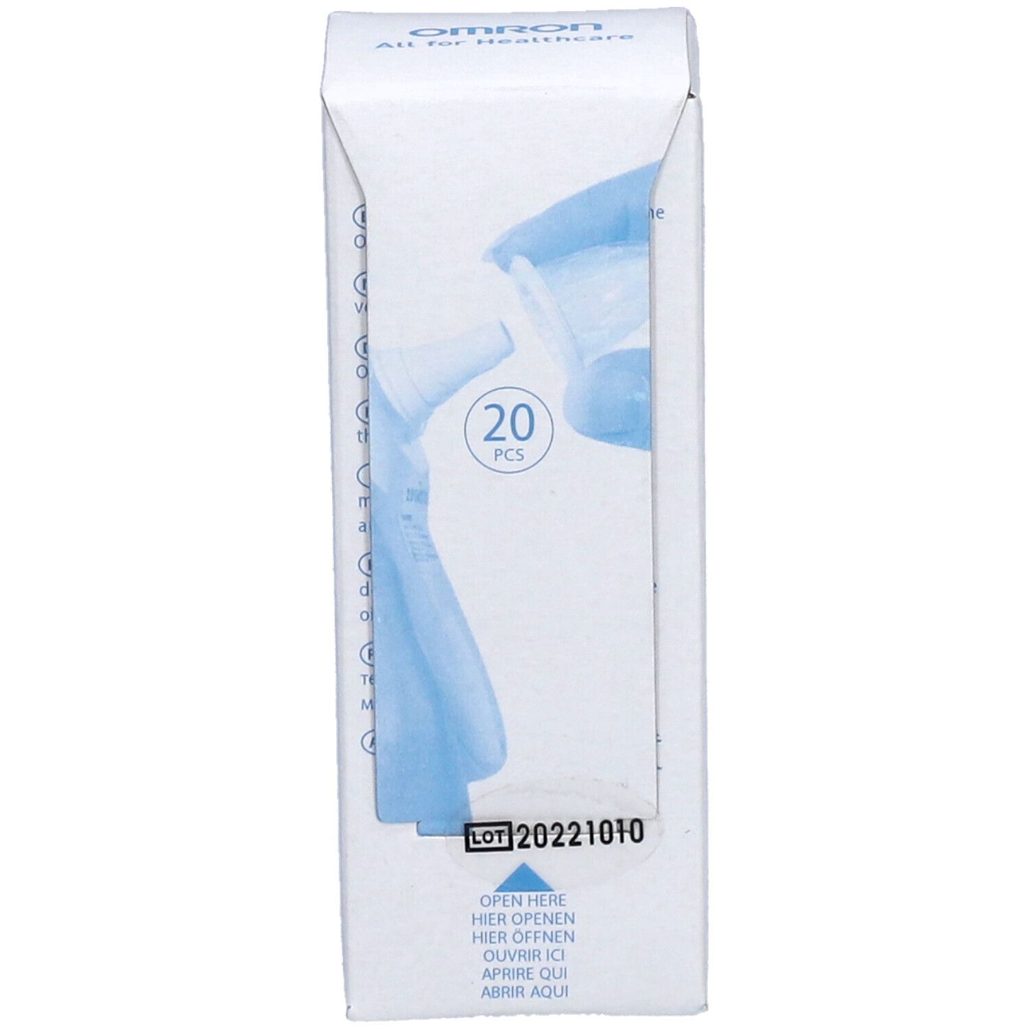 Boîte Omron avec 20 protections de sonde. Inscription : 20 PCS. Numéro de lot et indication d'ouverture.