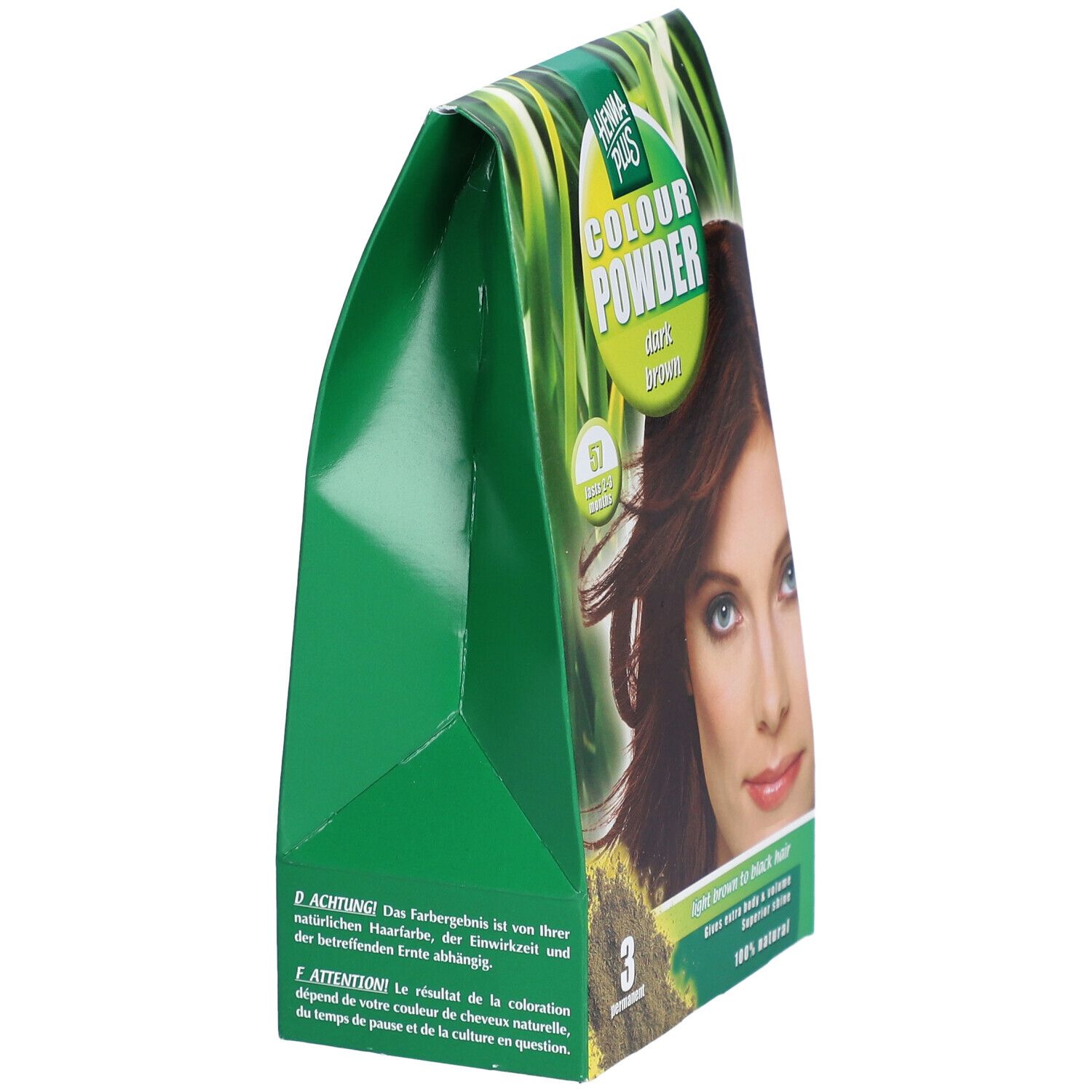 Seitenansicht der Verpackung von HENNA PLUS Colour Powder 57 braun. Grün. Text: Colour Powder, dark brown, 57.