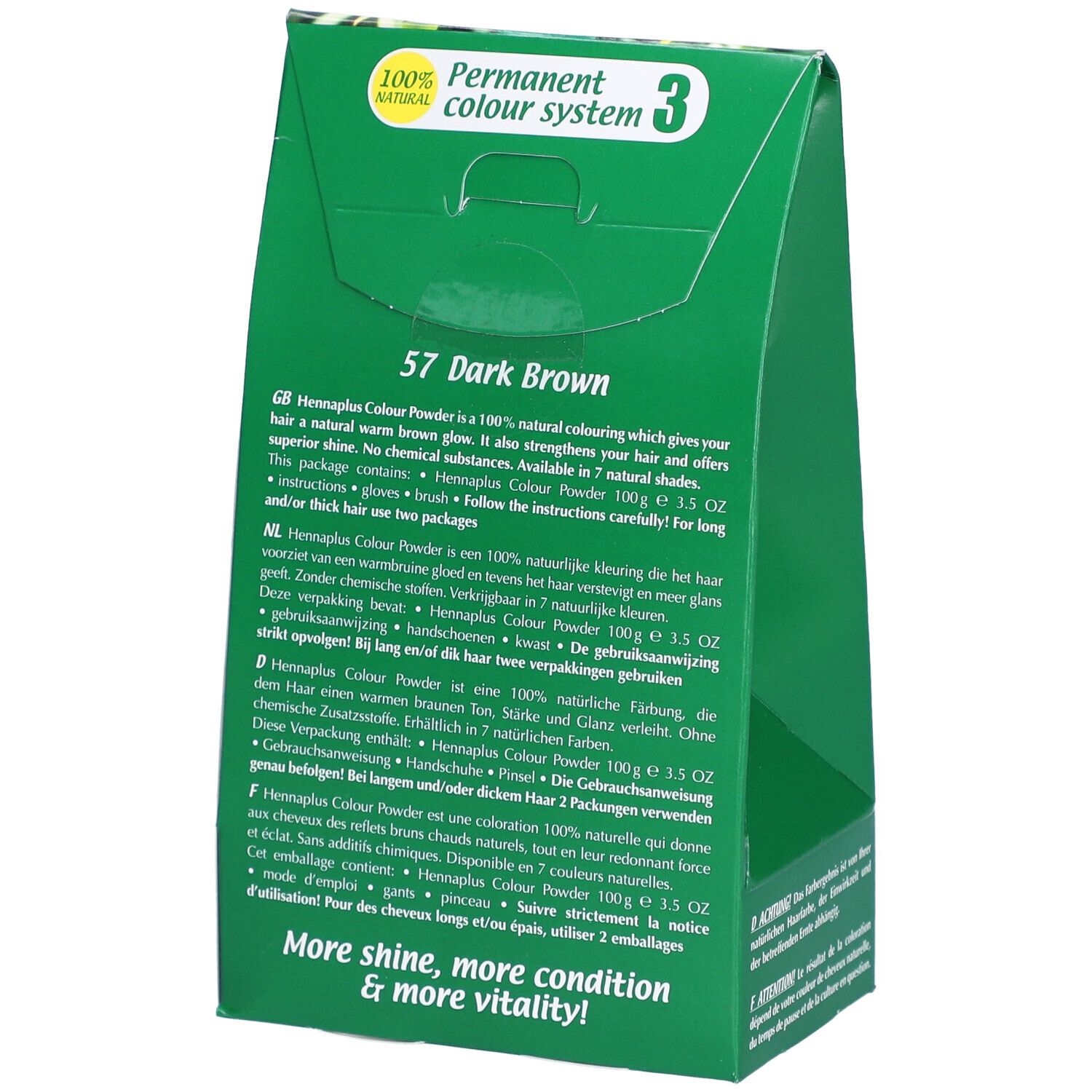 Rückseite der Verpackung von HENNA PLUS Colour Powder 57 braun. Text in mehreren Sprachen. Grün. 100% natural.