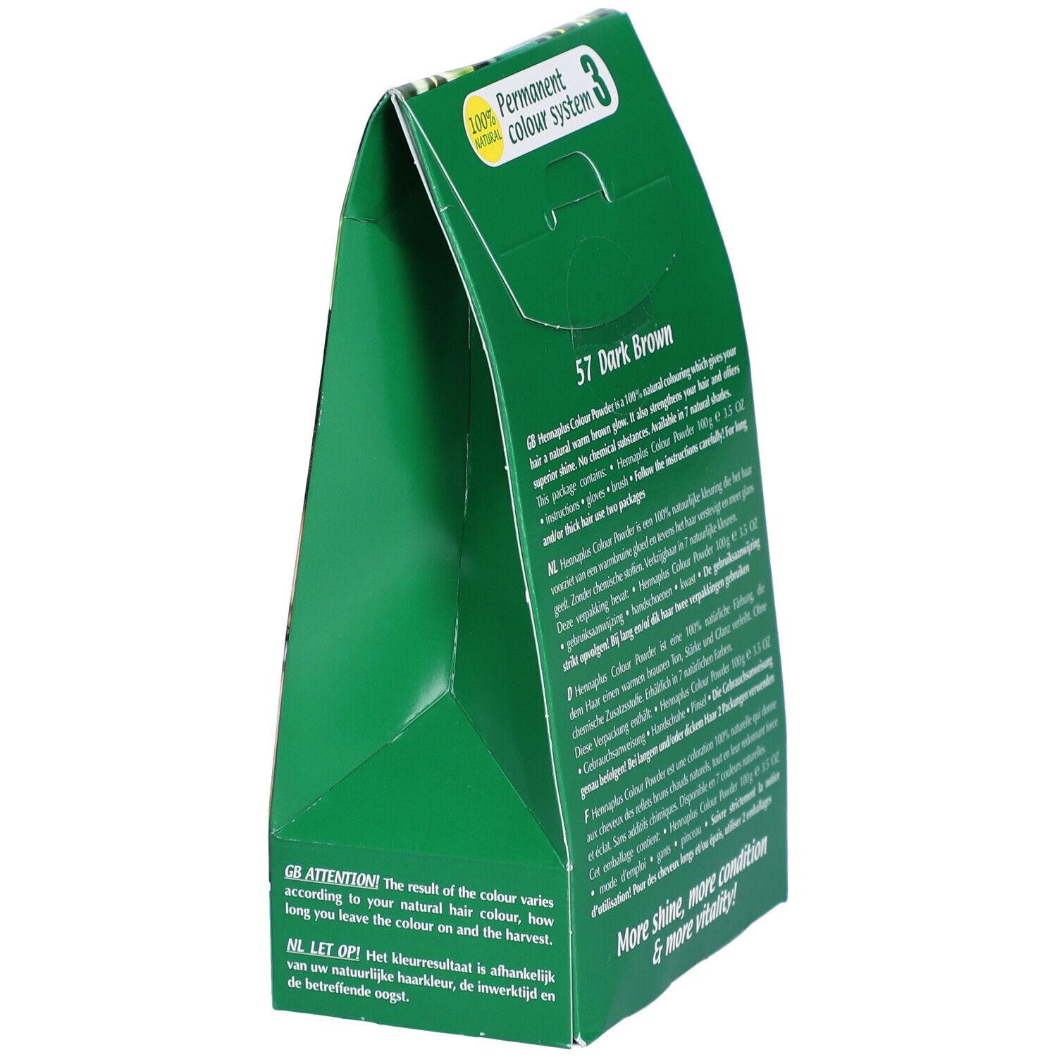 Seitenansicht der Verpackung von HENNA PLUS Colour Powder 57 braun. Text in mehreren Sprachen. Grün. 100% natural.